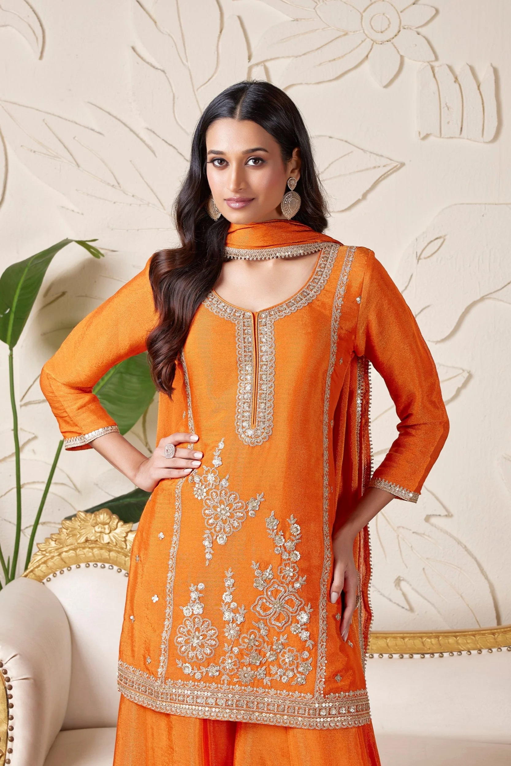 Saffron Orange Embellished Shimmer Tissue Silk Palazzo Set - Image 2
