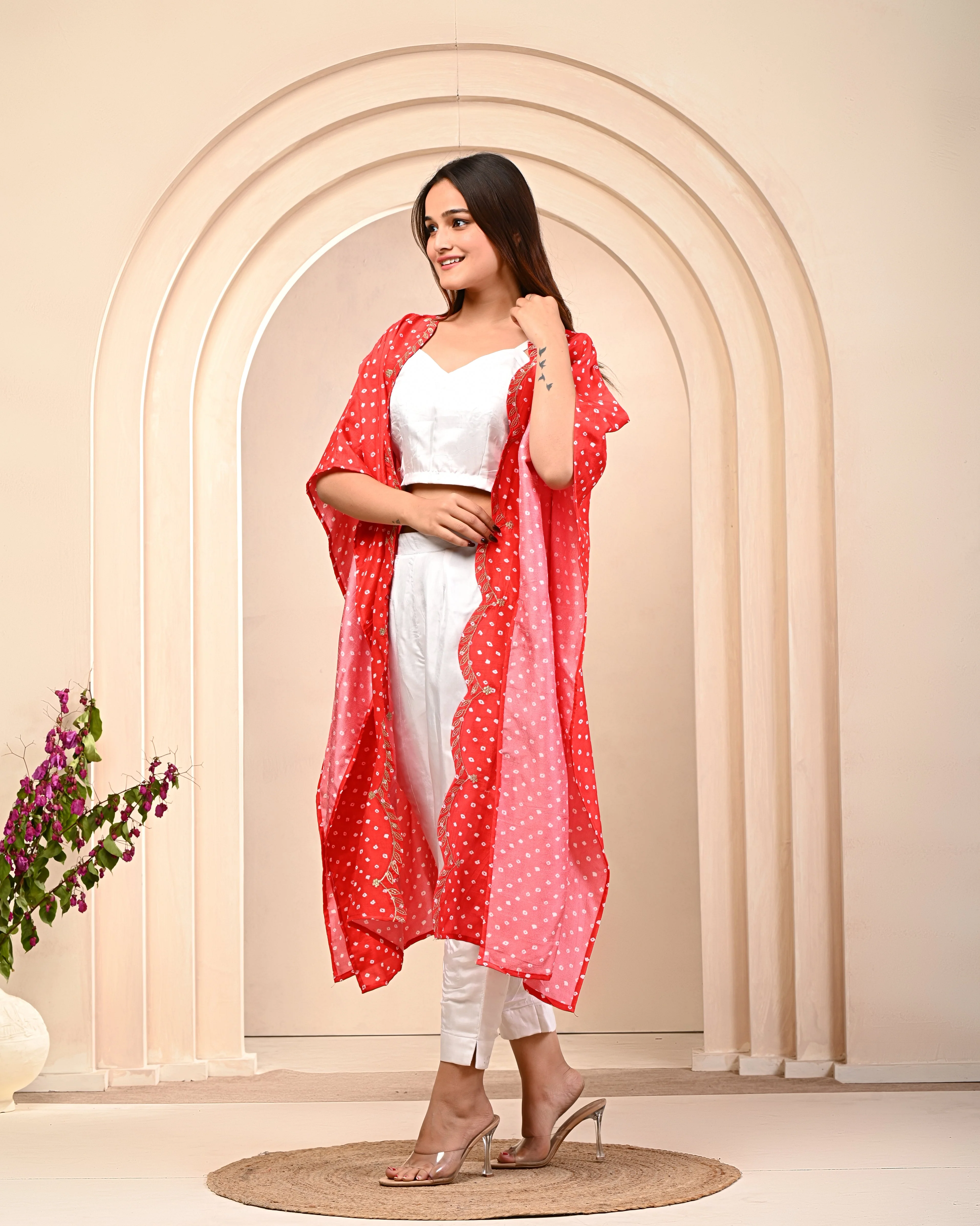 Red Bandhani Dola Silk Cape Set - Image 3