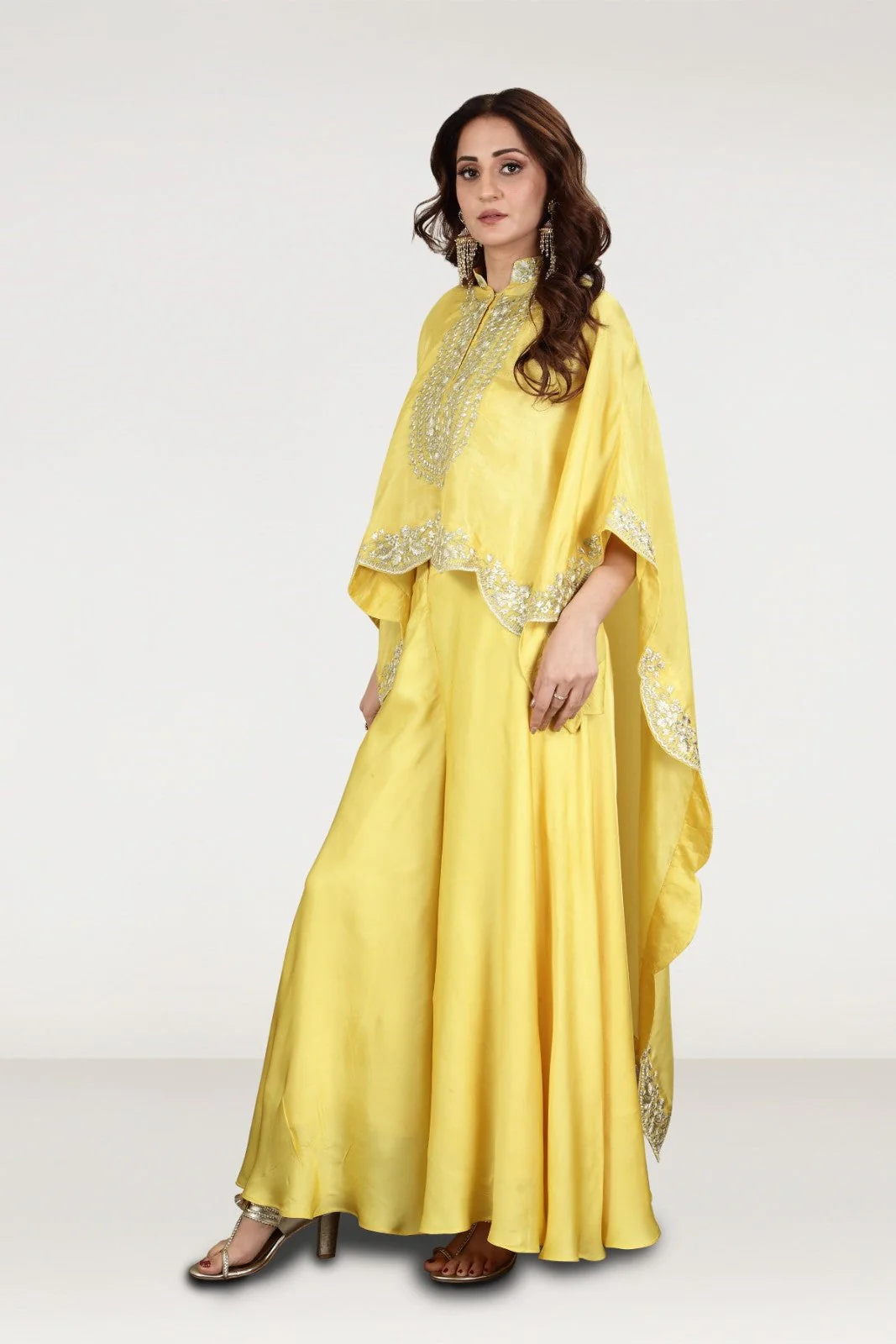 Sunshine Yellow Embellished Satin Silk Kaftan Set - Image 3
