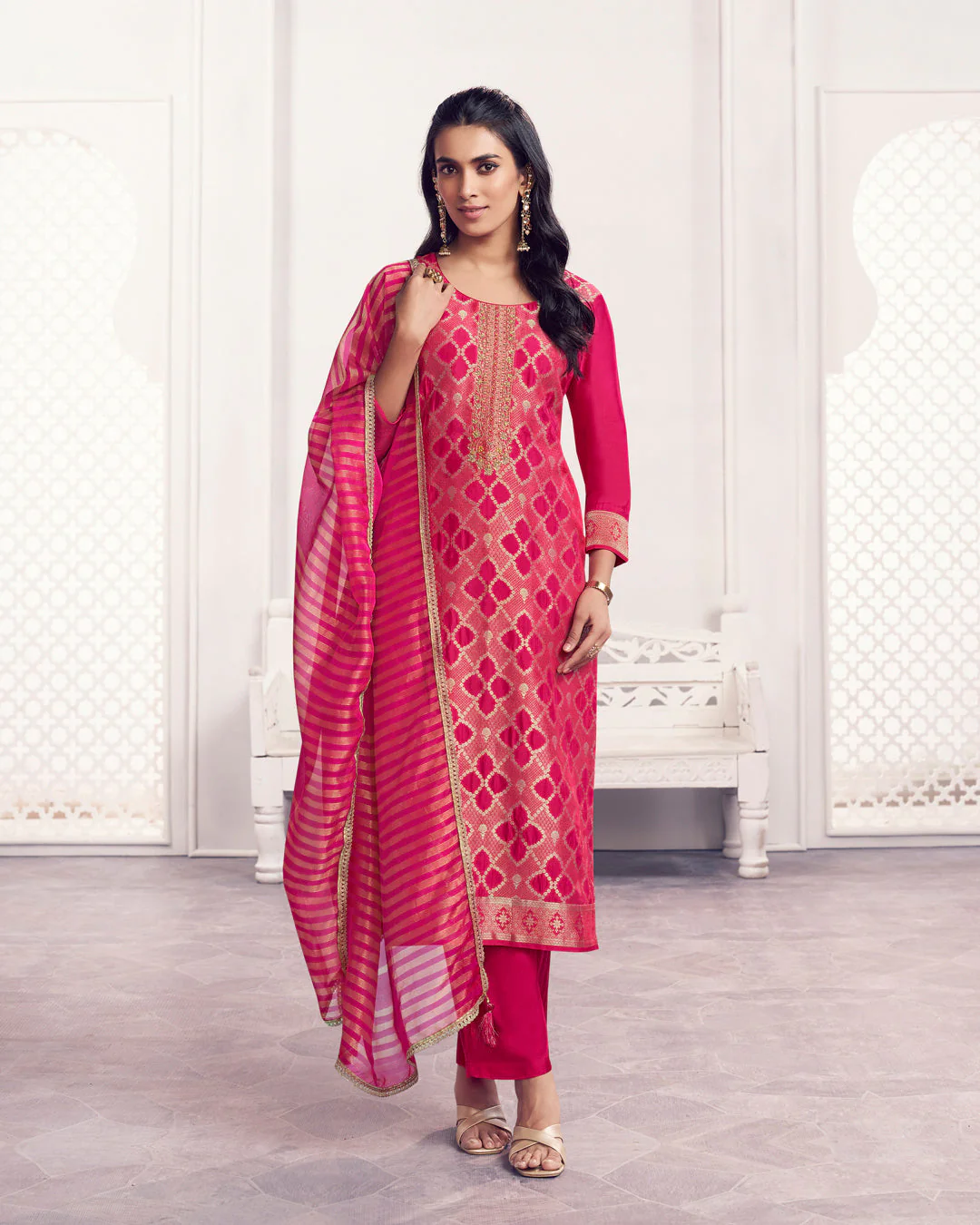 Rose Glow Embellished Chiniya Silk Pant Set