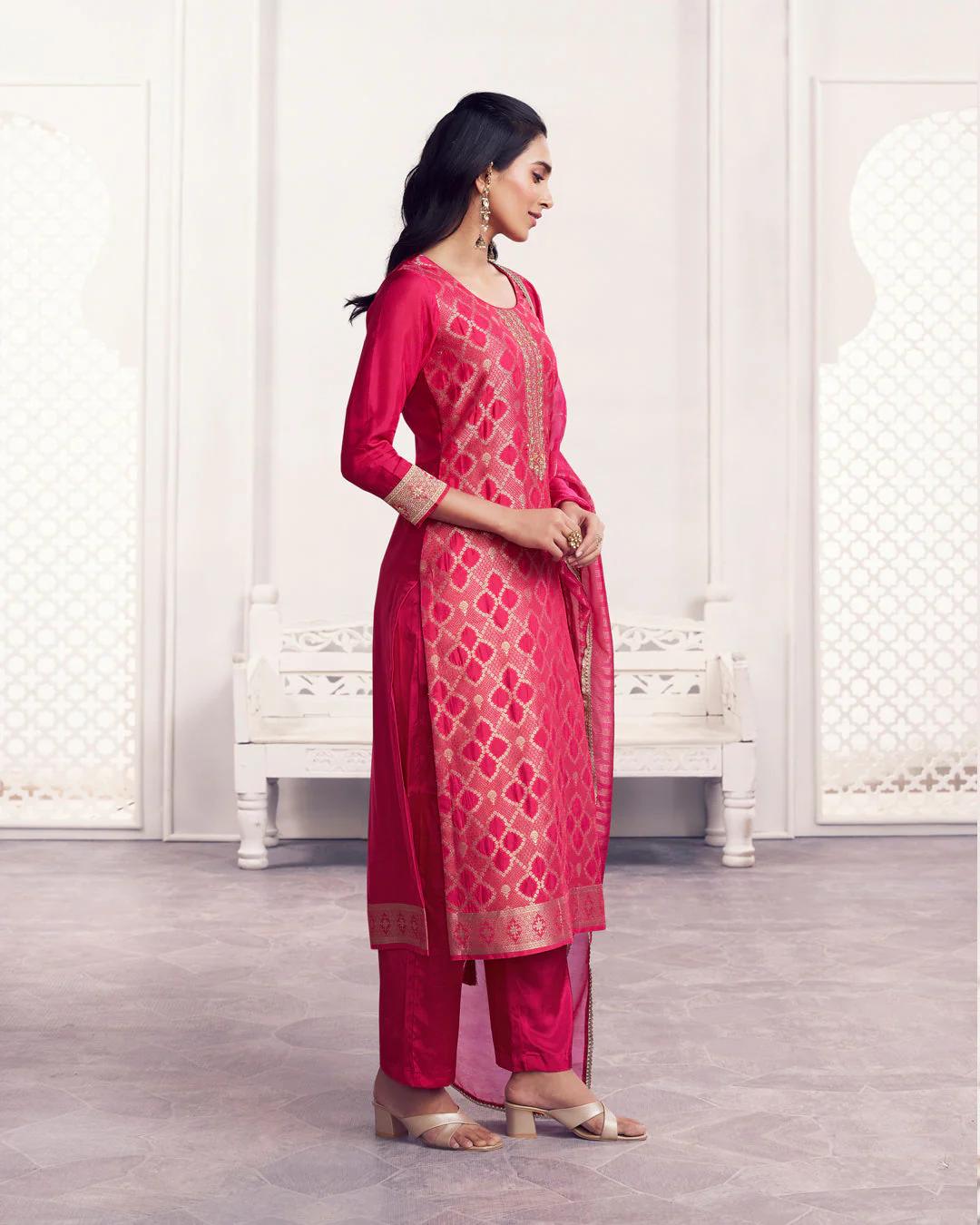 Rose Glow Embellished Chiniya Silk Pant Set - Image 3