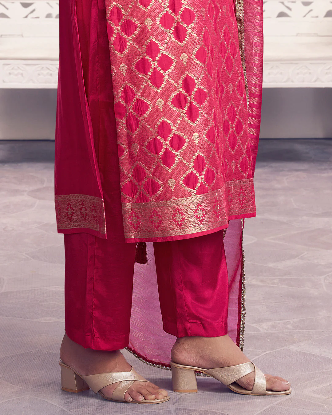 Rose Glow Embellished Chiniya Silk Pant Set - Image 4