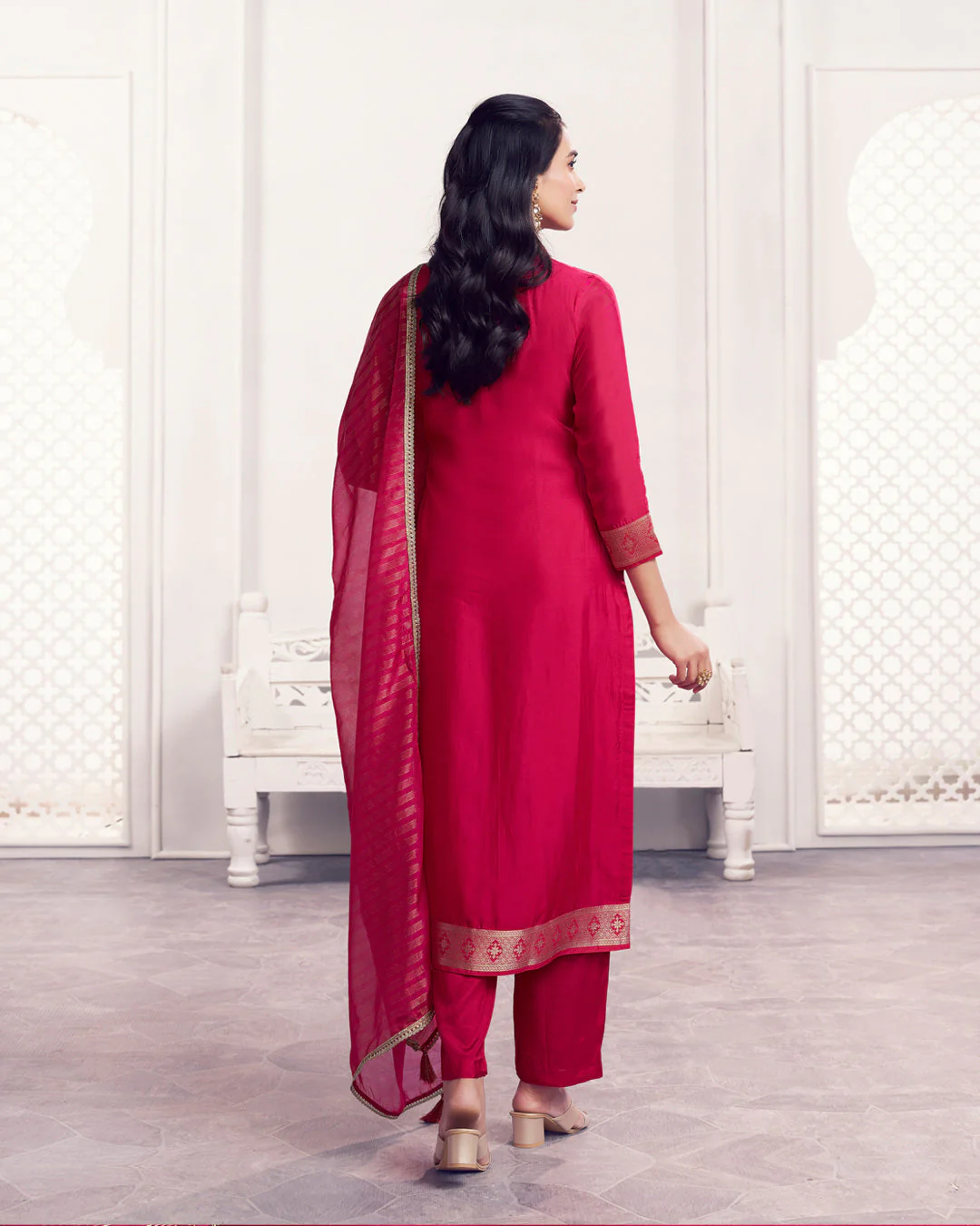 Rose Glow Embellished Chiniya Silk Pant Set - Image 5