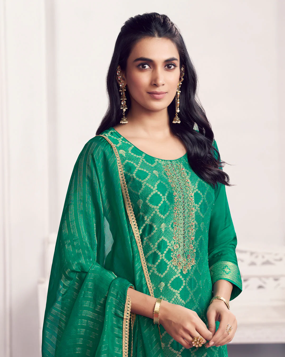 Jade Glow Embellished Chiniya Silk Pant Set - Image 2