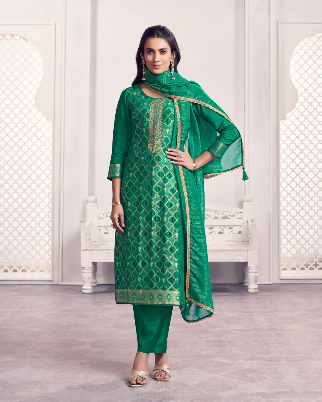 Jade Glow Embellished Chiniya Silk Pant Set - Image 3