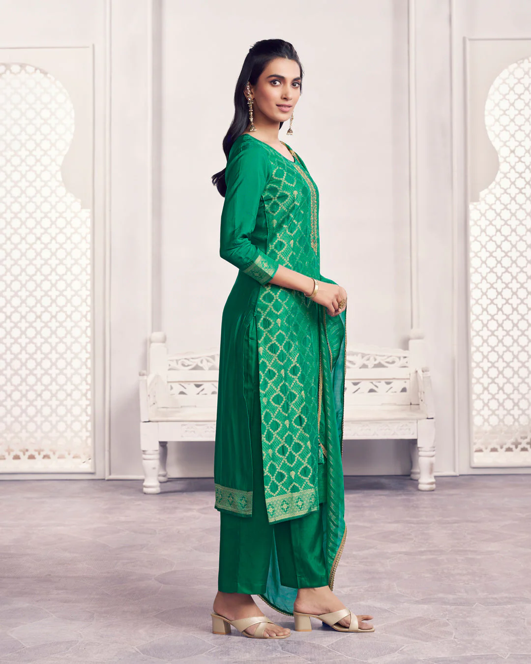 Jade Glow Embellished Chiniya Silk Pant Set - Image 4