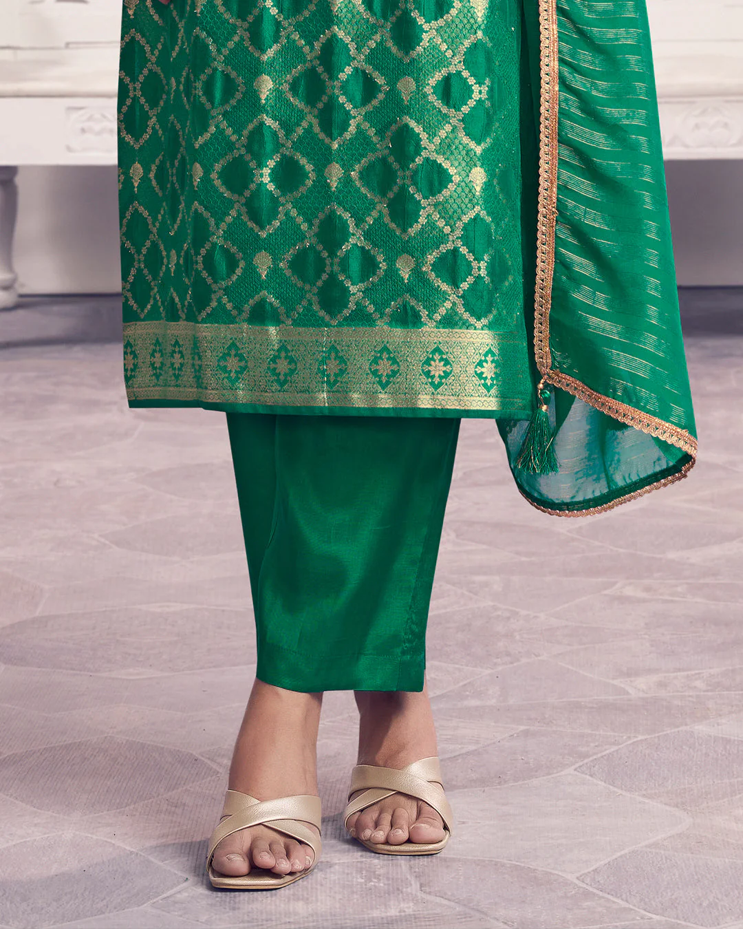 Jade Glow Embellished Chiniya Silk Pant Set - Image 5