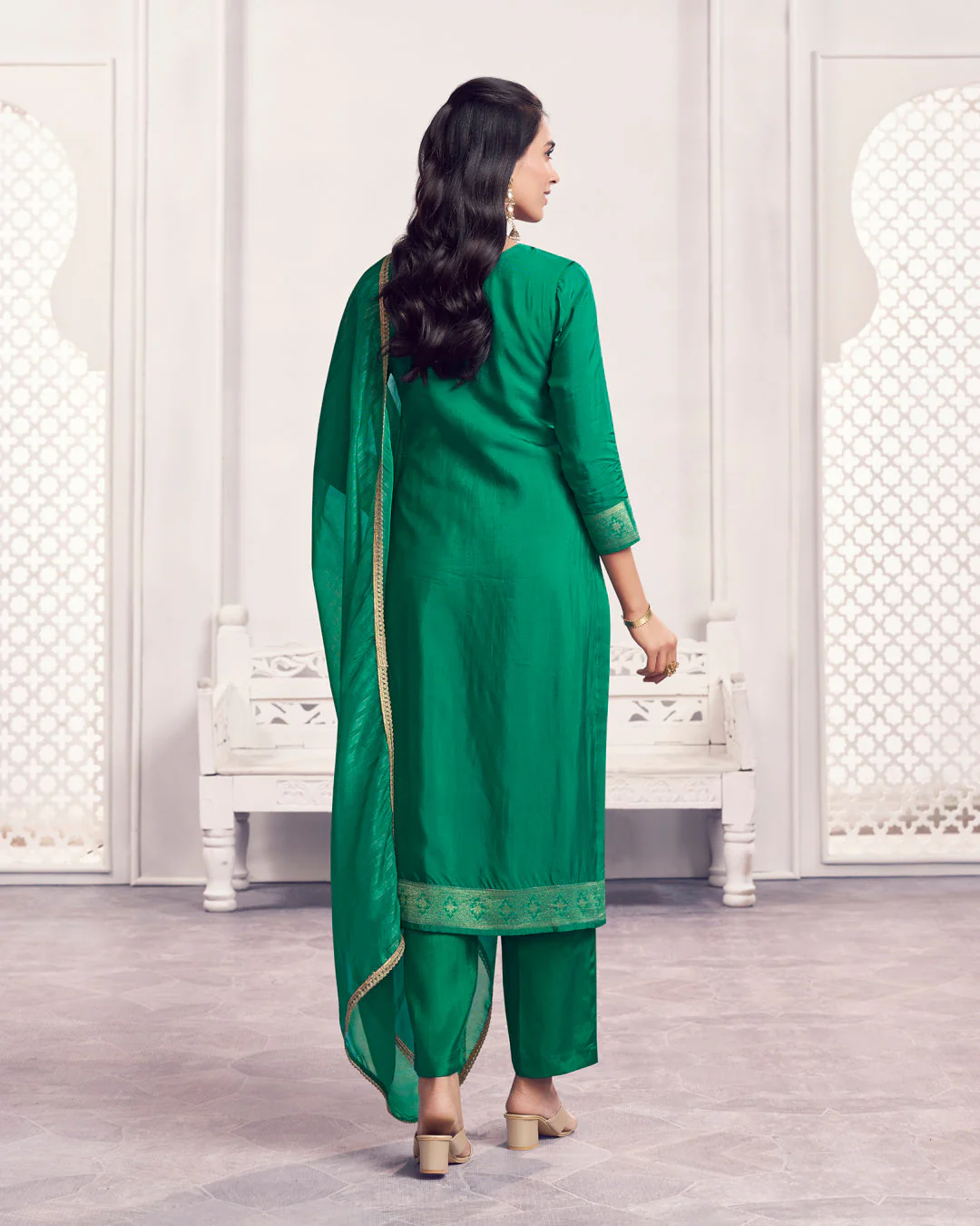 Jade Glow Embellished Chiniya Silk Pant Set - Image 6