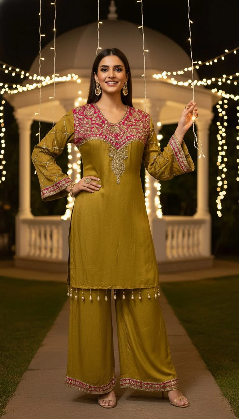 Gold Mustard Embroidered Premium Silk Kurta Set - Image 2