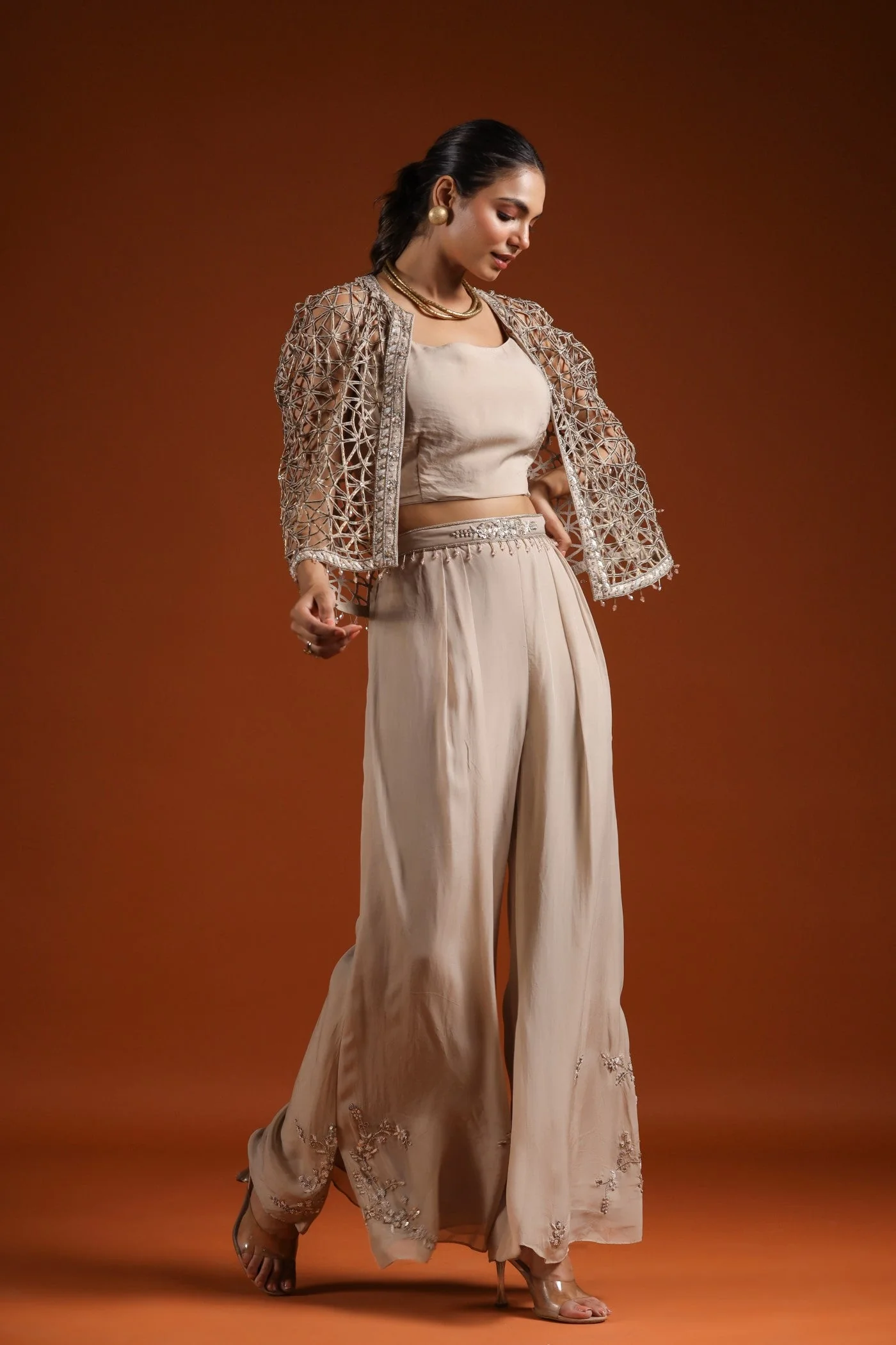 Golden Beige Embellished Cape Set - Image 3