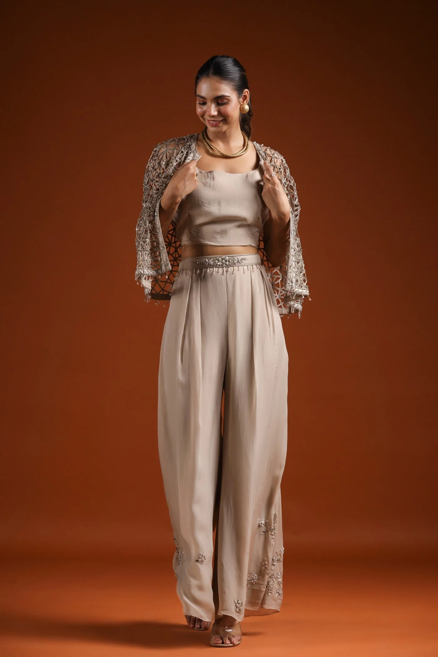 Golden Beige Embellished Cape Set - Image 4
