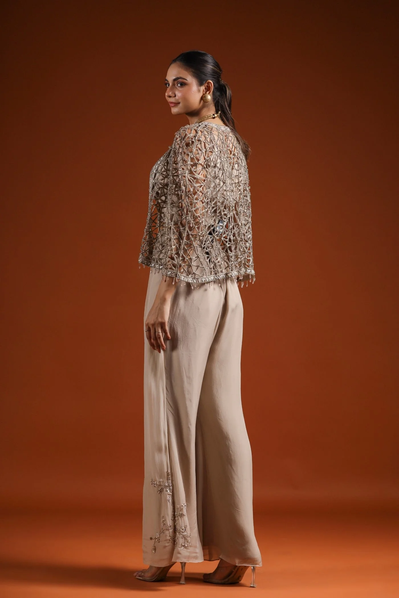 Golden Beige Embellished Cape Set - Image 5