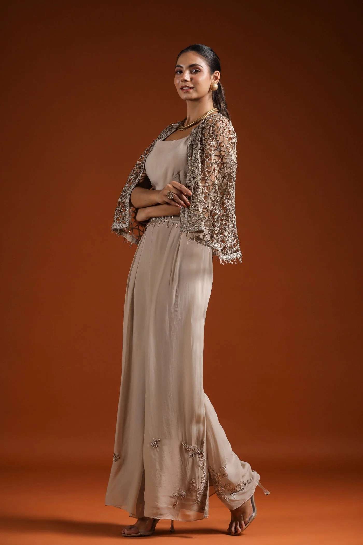 Golden Beige Embellished Cape Set - Image 6