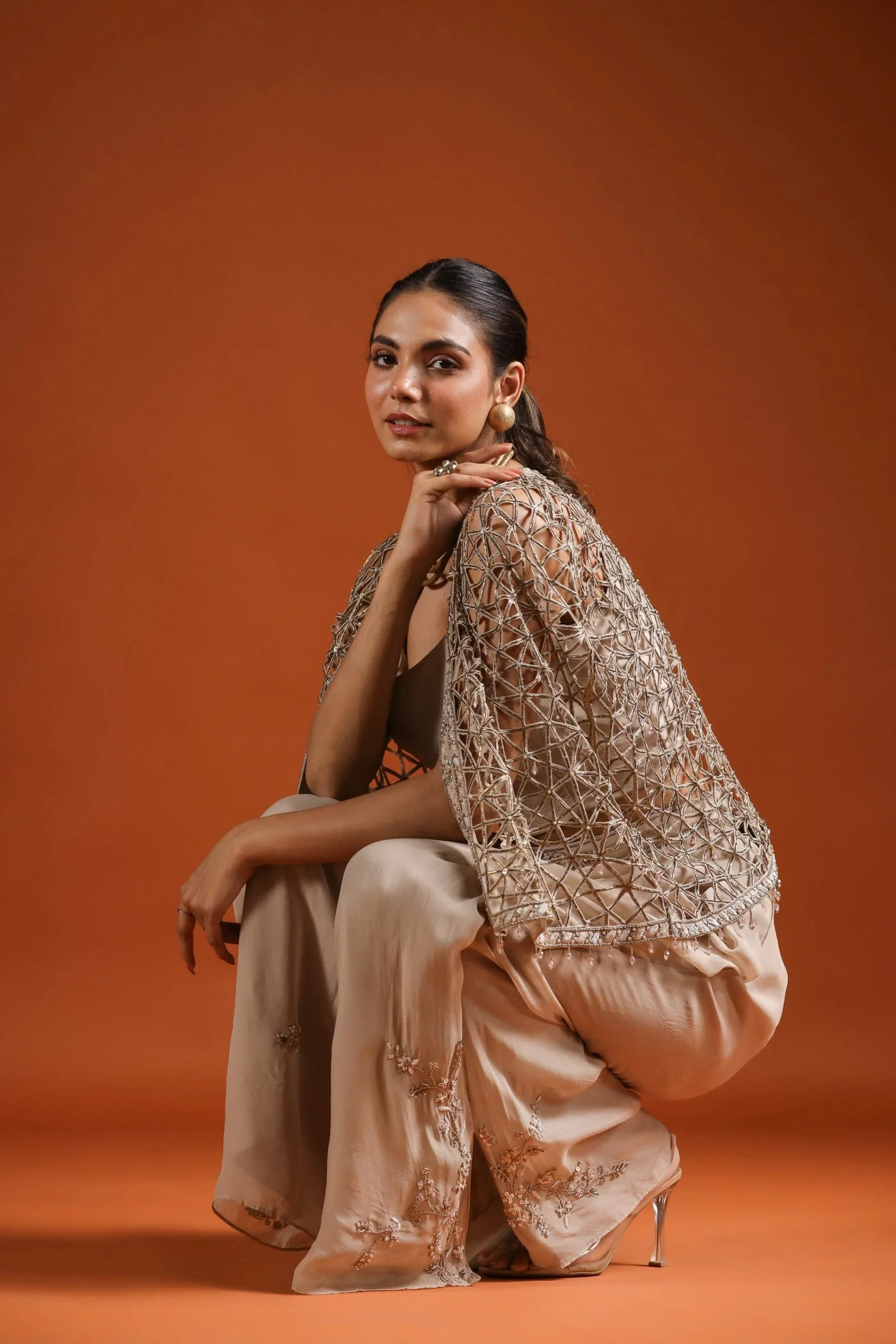 Golden Beige Embellished Cape Set - Image 7