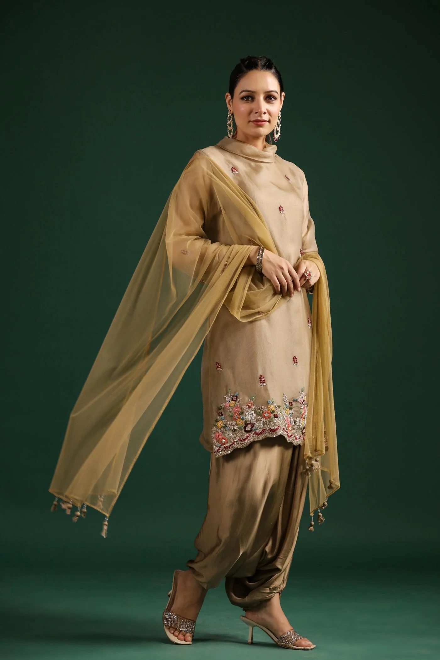 Golden Beige Embellished Cowl Pants Set - Image 3