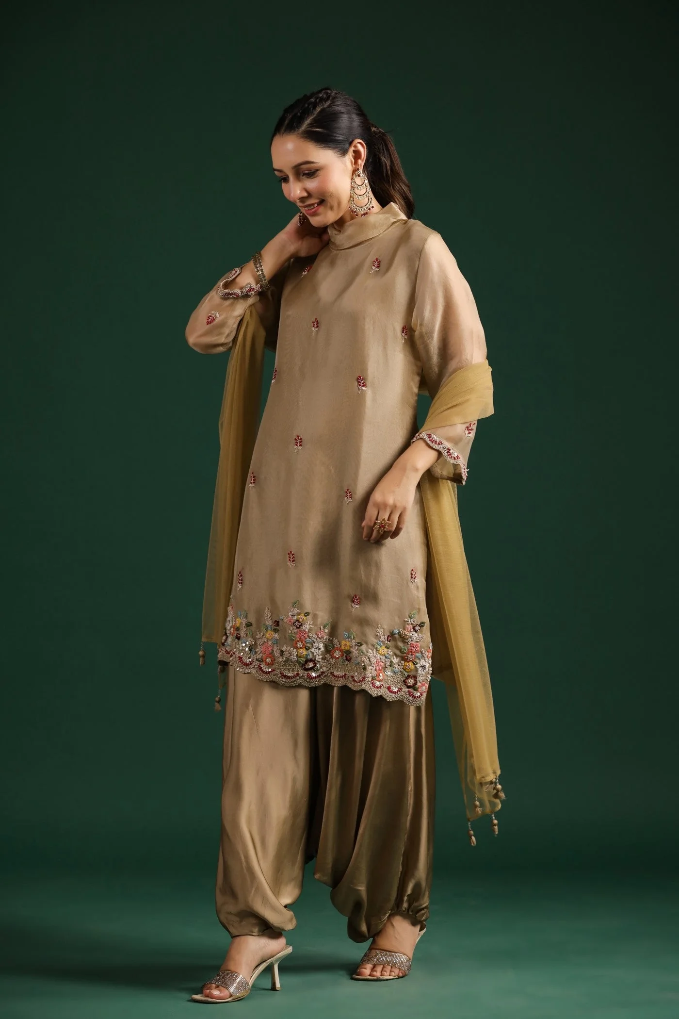 Golden Beige Embellished Cowl Pants Set - Image 4