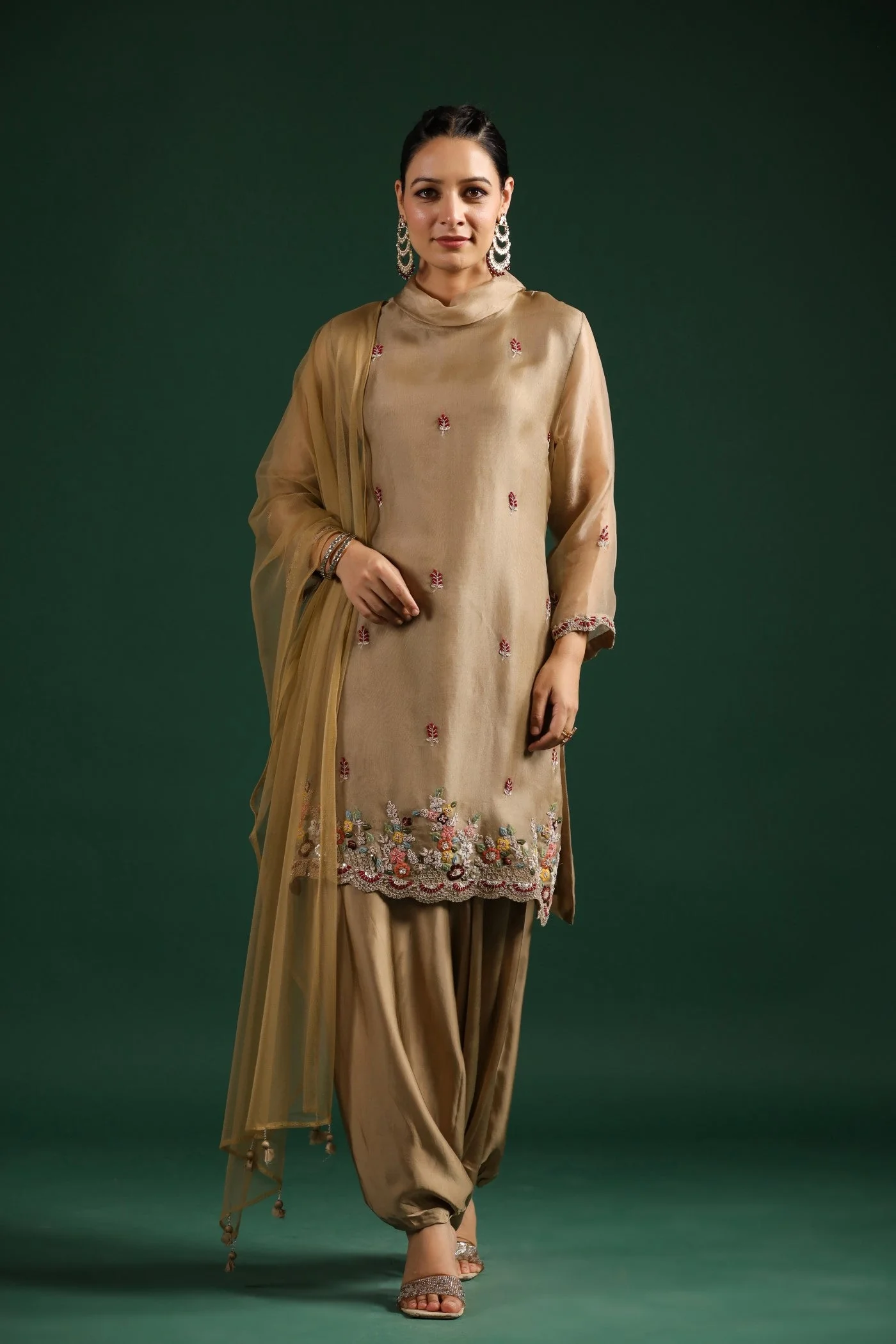 Golden Beige Embellished Cowl Pants Set - Image 5