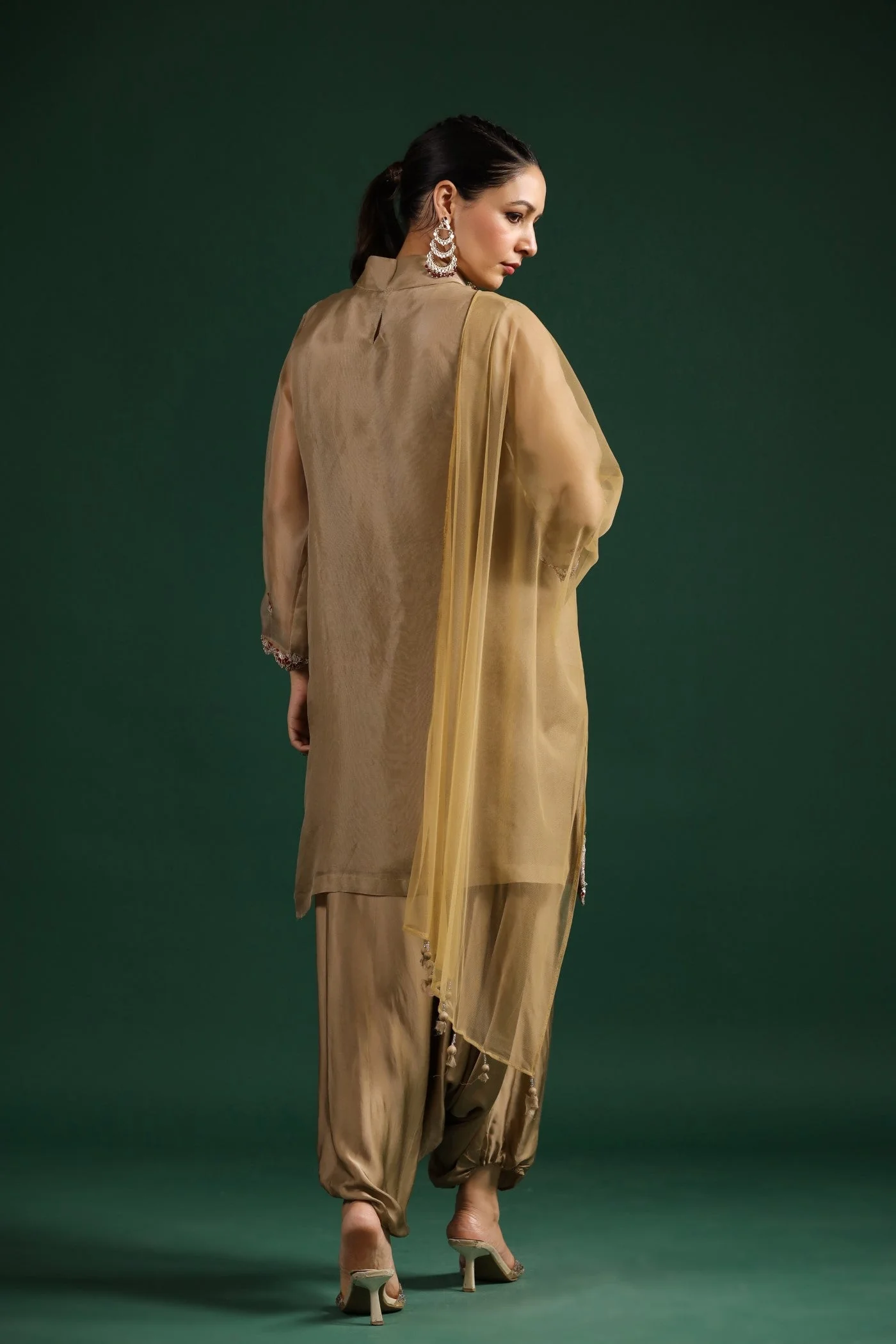 Golden Beige Embellished Cowl Pants Set - Image 6