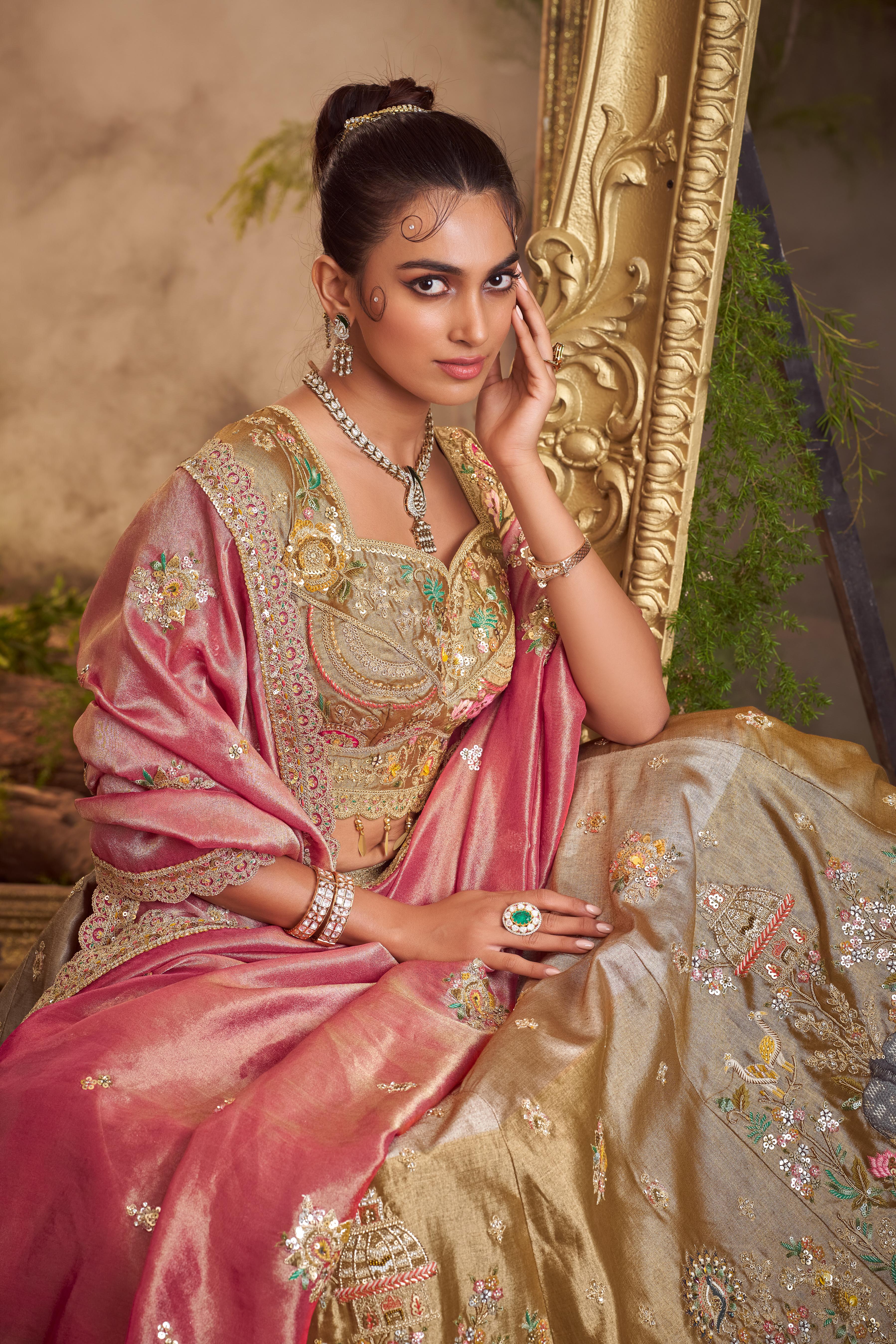 Copper Gold Embellished Shimmer Tissue Silk Lehenga Set - Image 2
