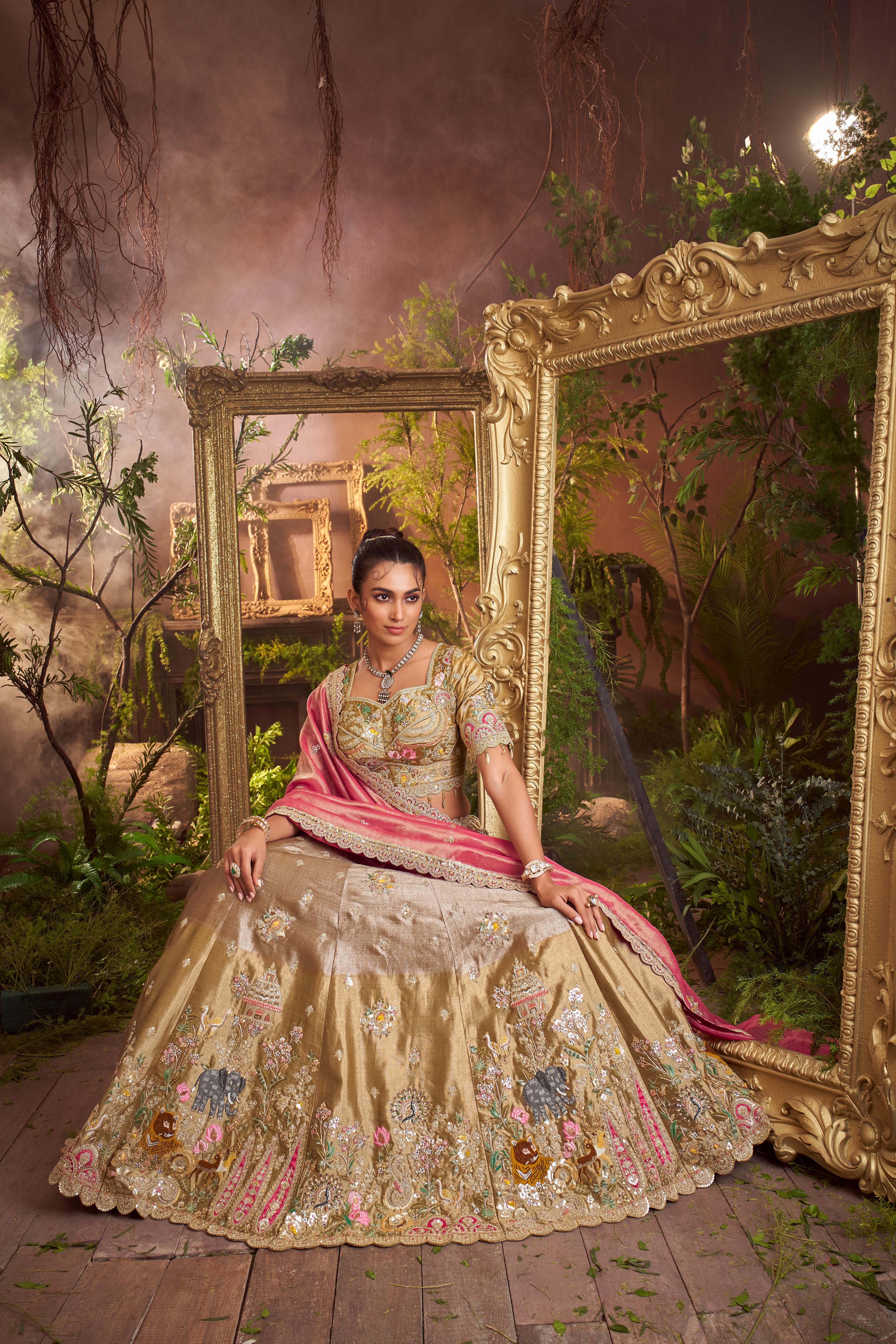 Copper Gold Embellished Shimmer Tissue Silk Lehenga Set - Image 3
