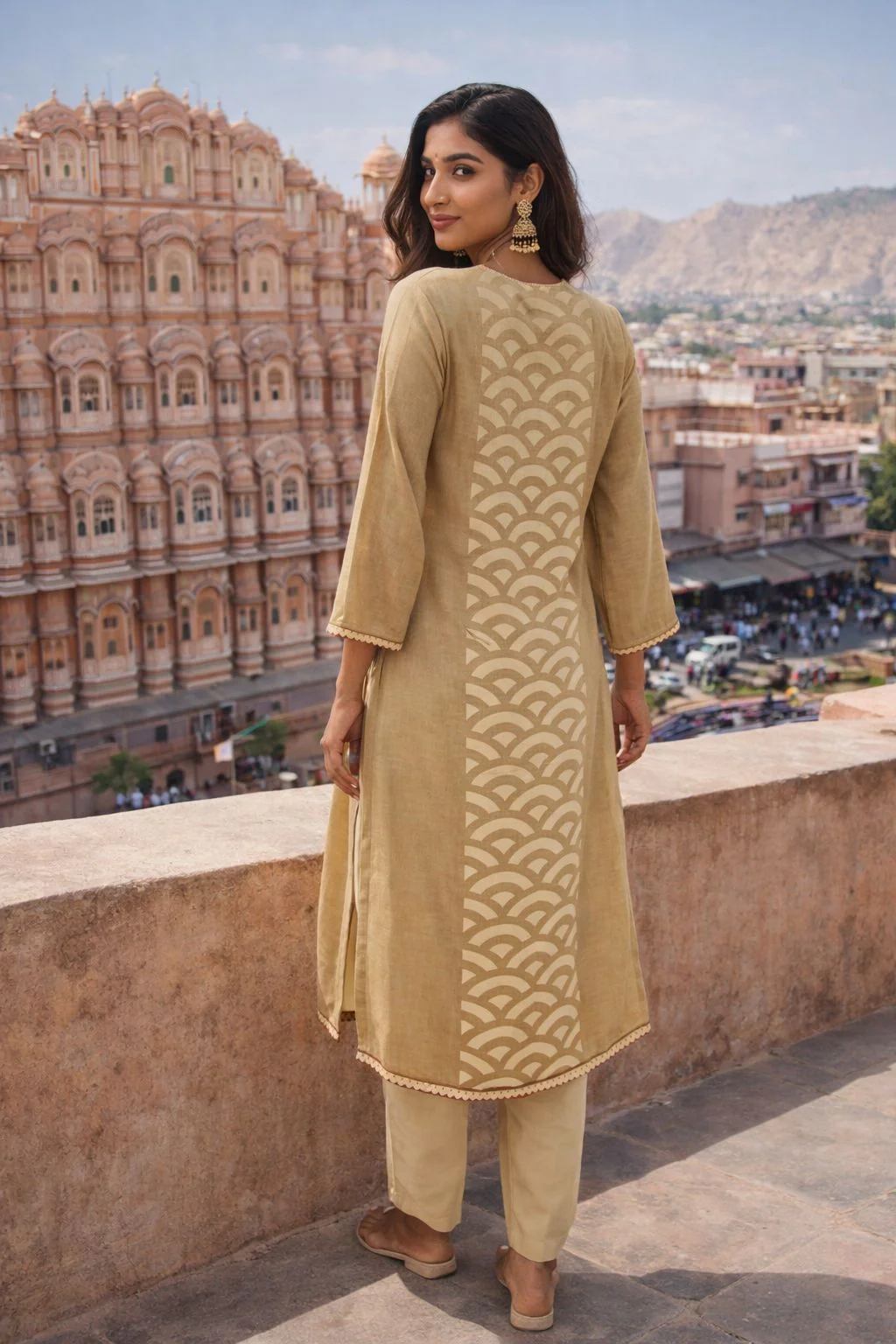 Beige Crane Printed Cotton Pant Set - Image 2