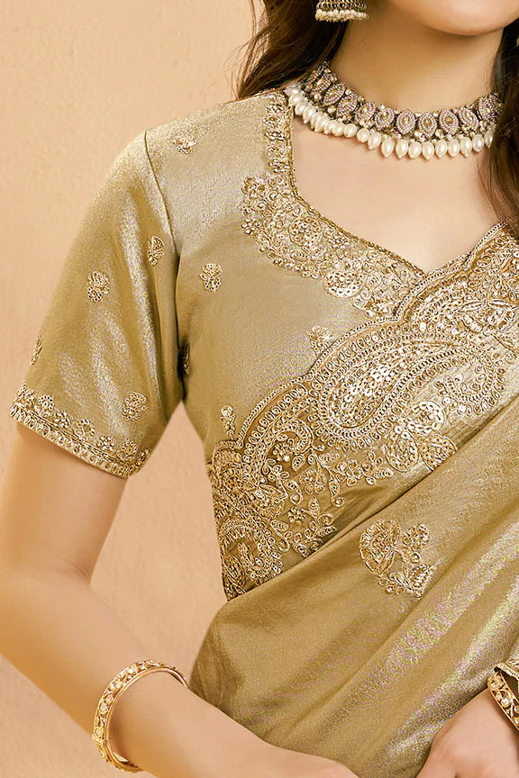 Metallic Golden Embellished Kora Zari Silk Saree - Image 2