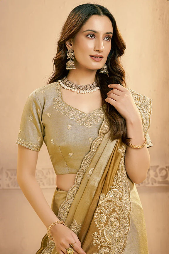 Metallic Golden Embellished Kora Zari Silk Saree - Image 3