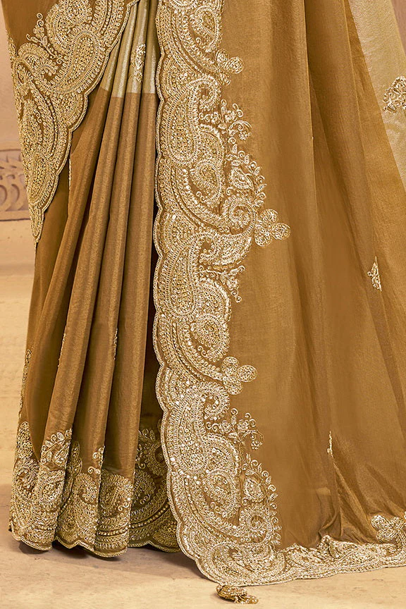 Metallic Golden Embellished Kora Zari Silk Saree - Image 4