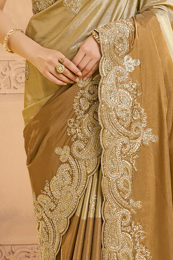Metallic Golden Embellished Kora Zari Silk Saree - Image 5