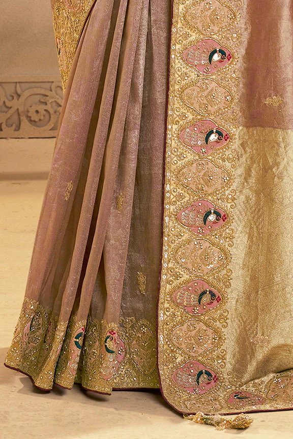 Metallic Golden Embellished Kora Zari Silk Saree - Image 6