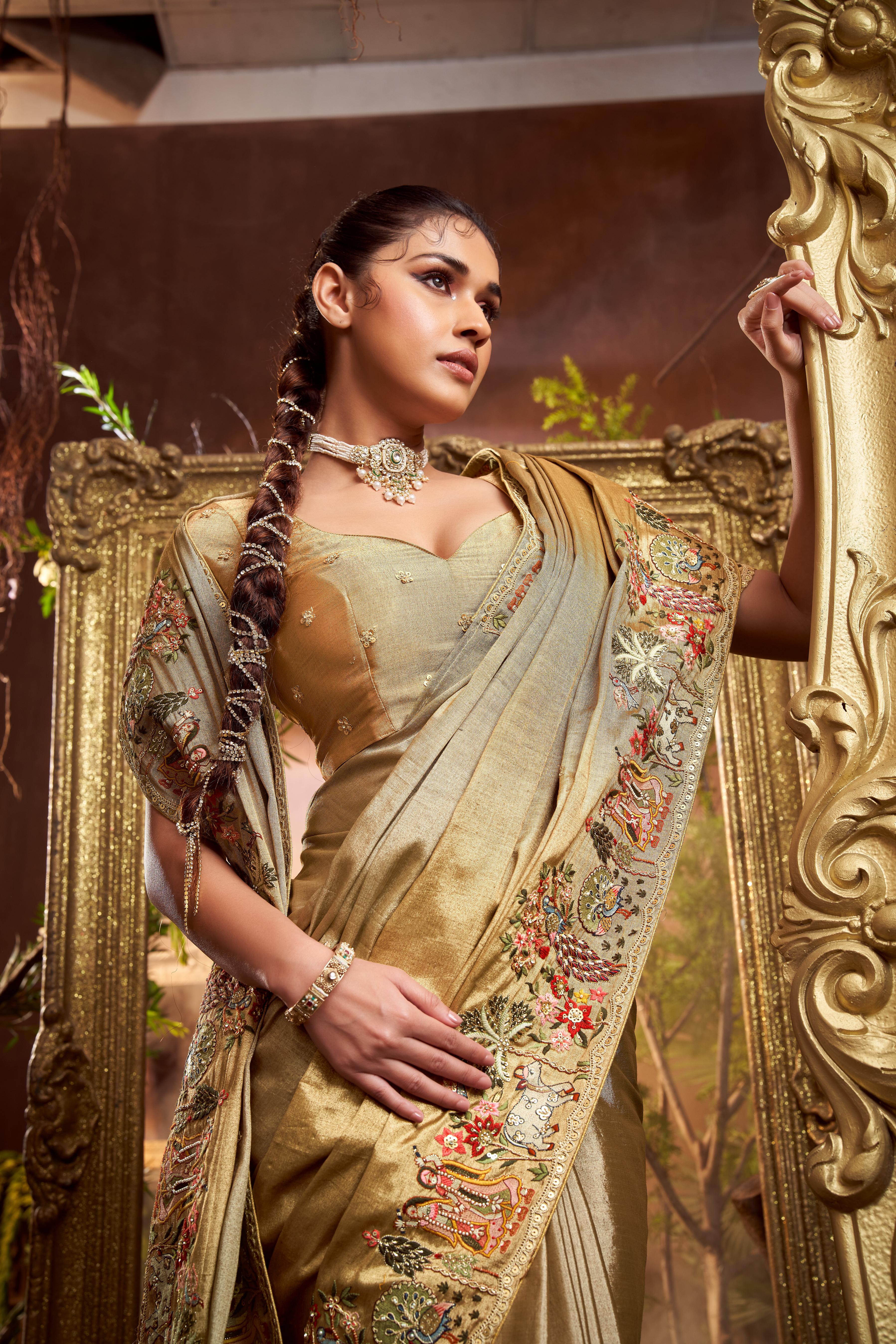 Antique Gold Embellished Shimmer Tissue Silk Saree - Image 2