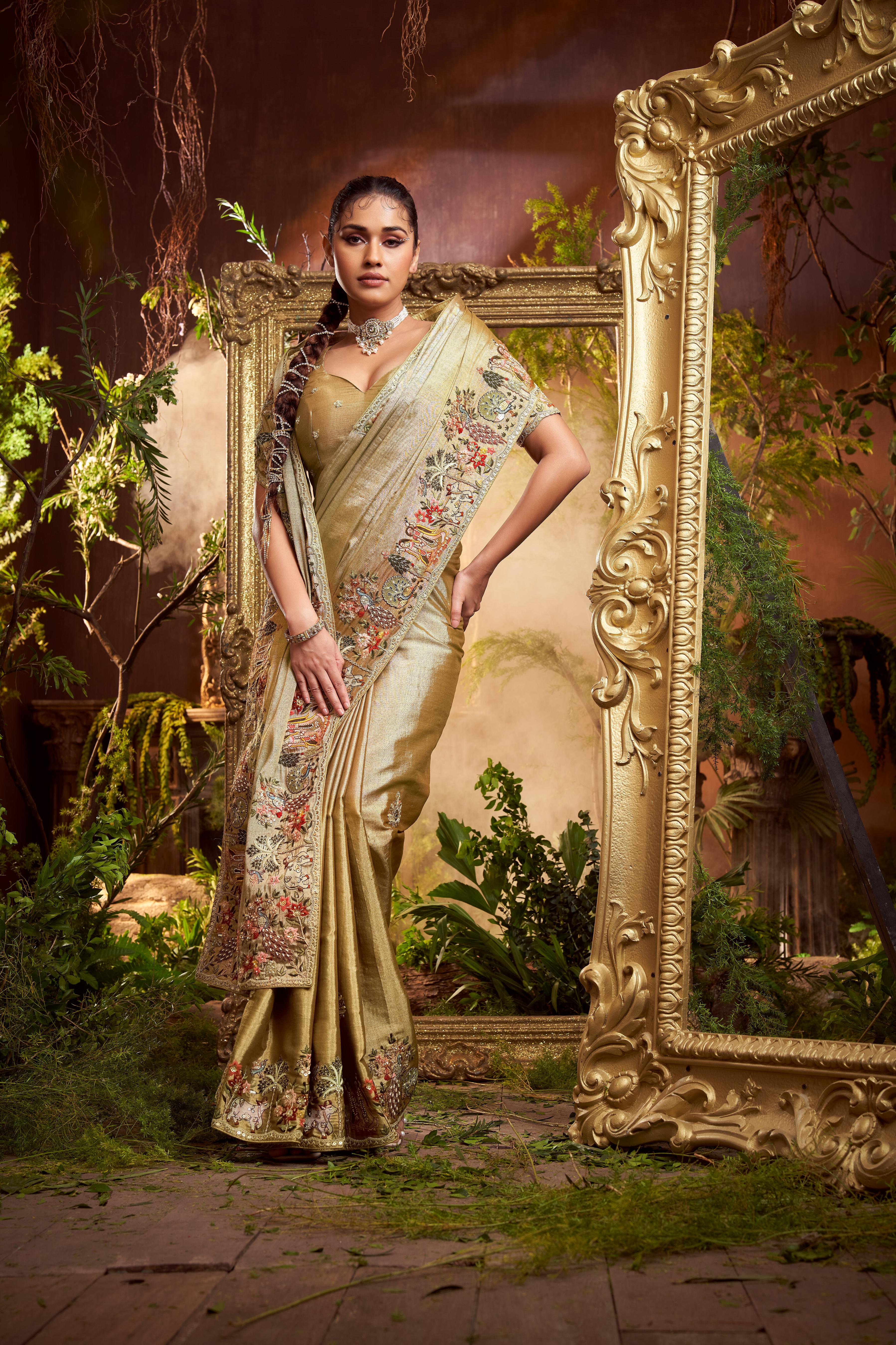 Antique Gold Embellished Shimmer Tissue Silk Saree - Image 3
