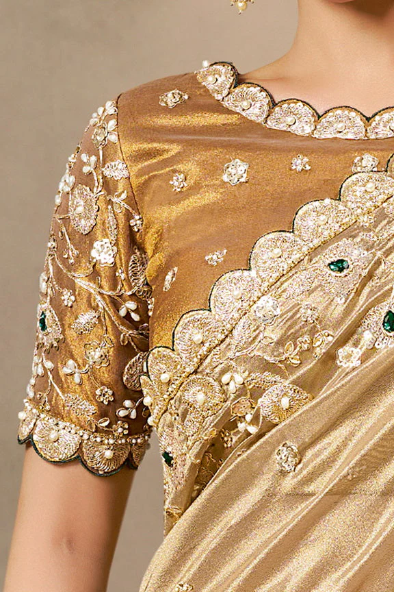 Golden Embellished Kora Zari Tissue Silk Saree - Image 2