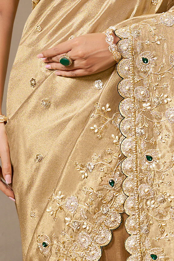 Golden Embellished Kora Zari Tissue Silk Saree - Image 3