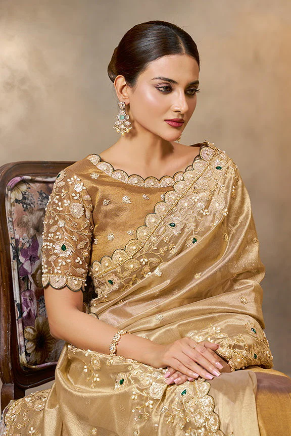 Golden Embellished Kora Zari Tissue Silk Saree - Image 4
