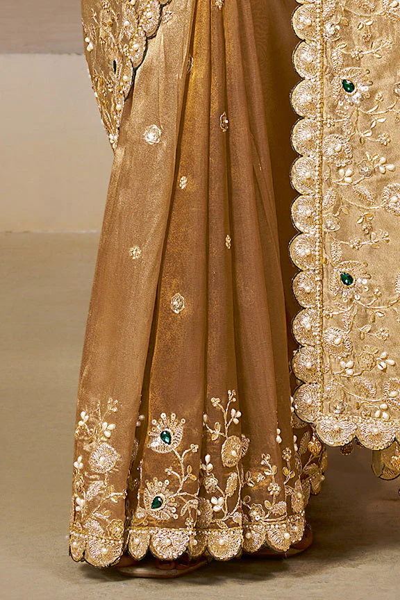 Golden Embellished Kora Zari Tissue Silk Saree - Image 5
