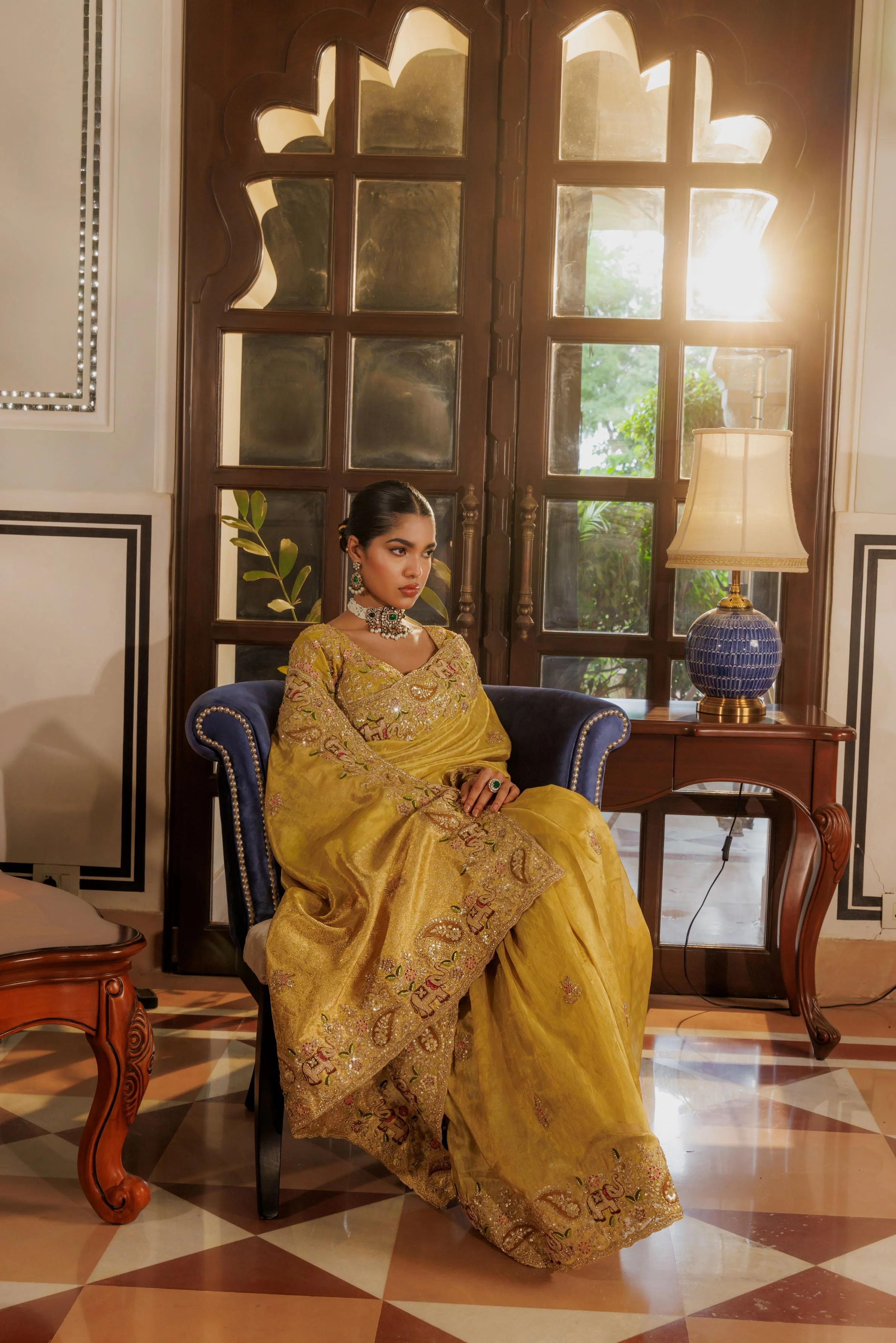 Golden Embroidered Kanjivaram Silk Saree - Image 3