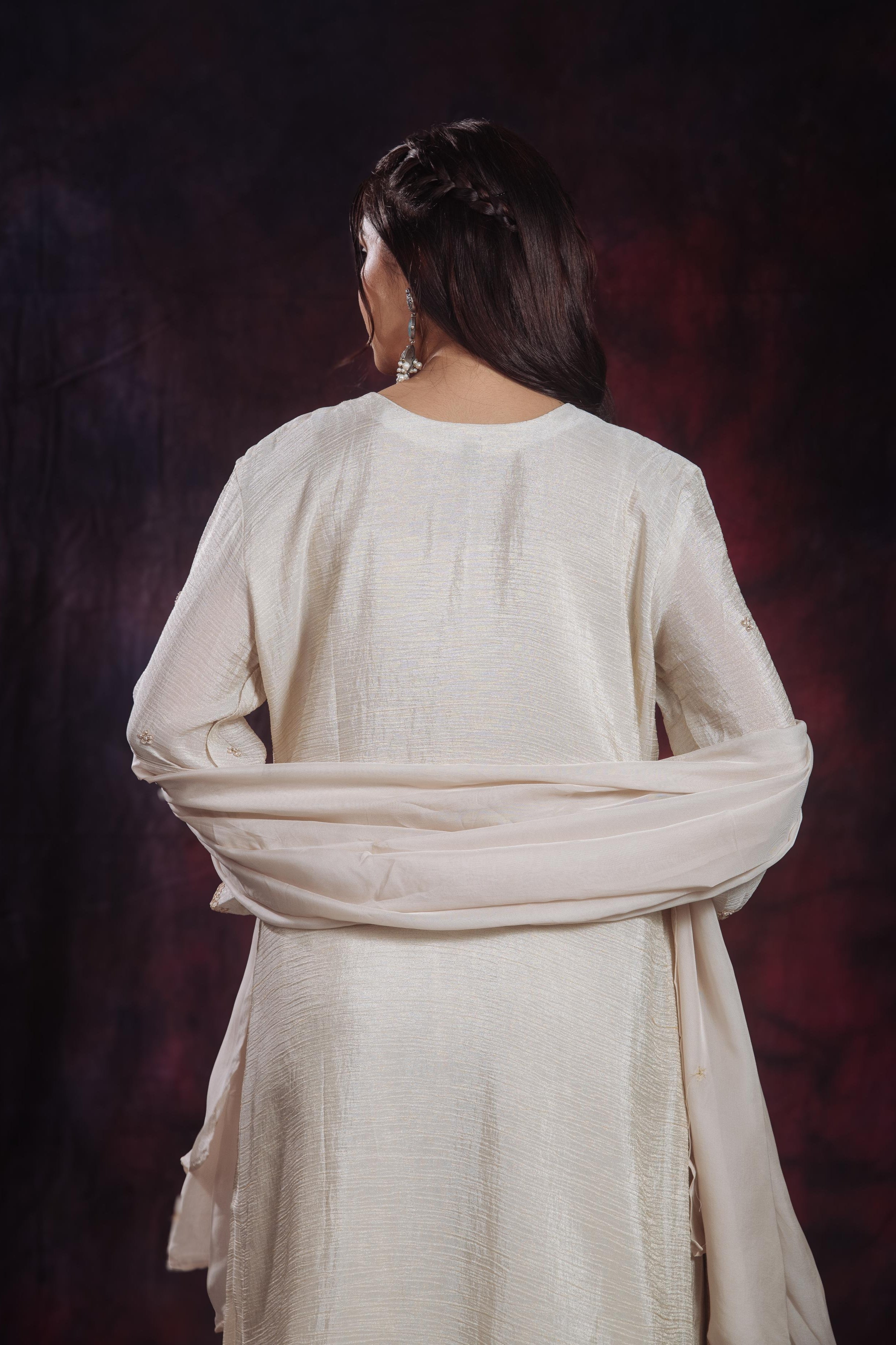 Golden Ivory Embroidered Soft Shimmer Silk Palazzo Set - Image 10