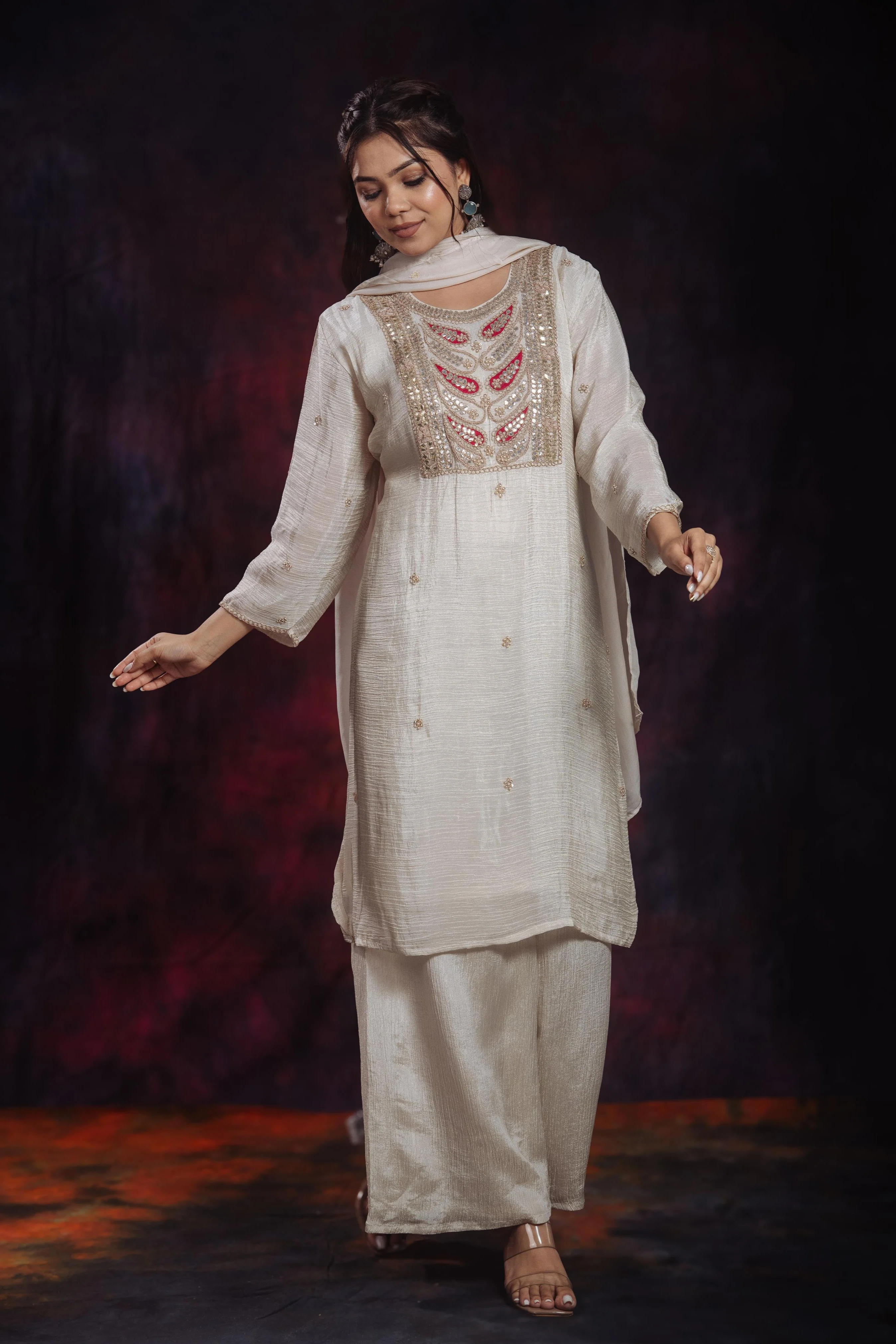 Golden Ivory Embroidered Soft Shimmer Silk Palazzo Set - Image 2