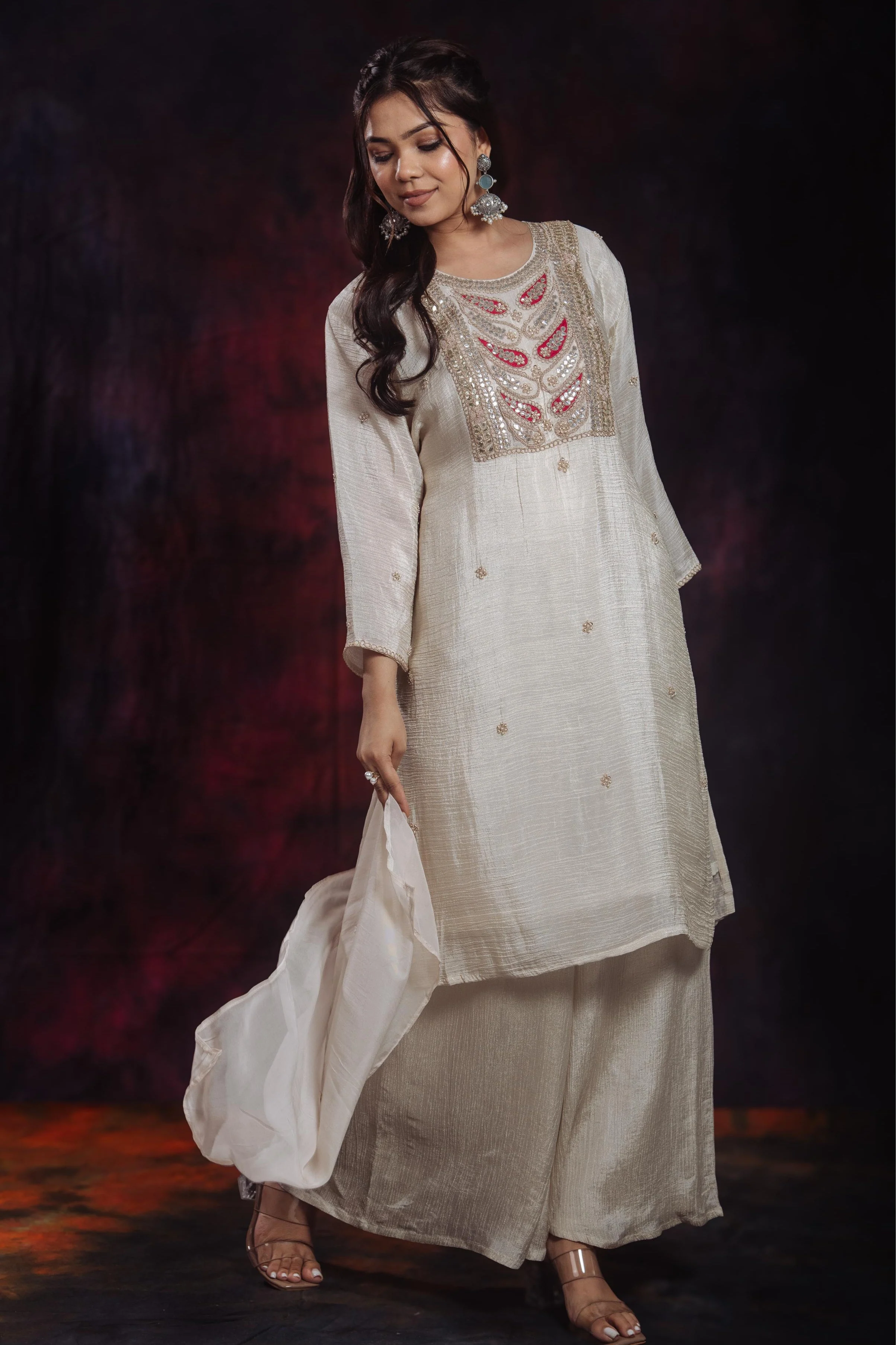 Golden Ivory Embroidered Soft Shimmer Silk Palazzo Set - Image 3