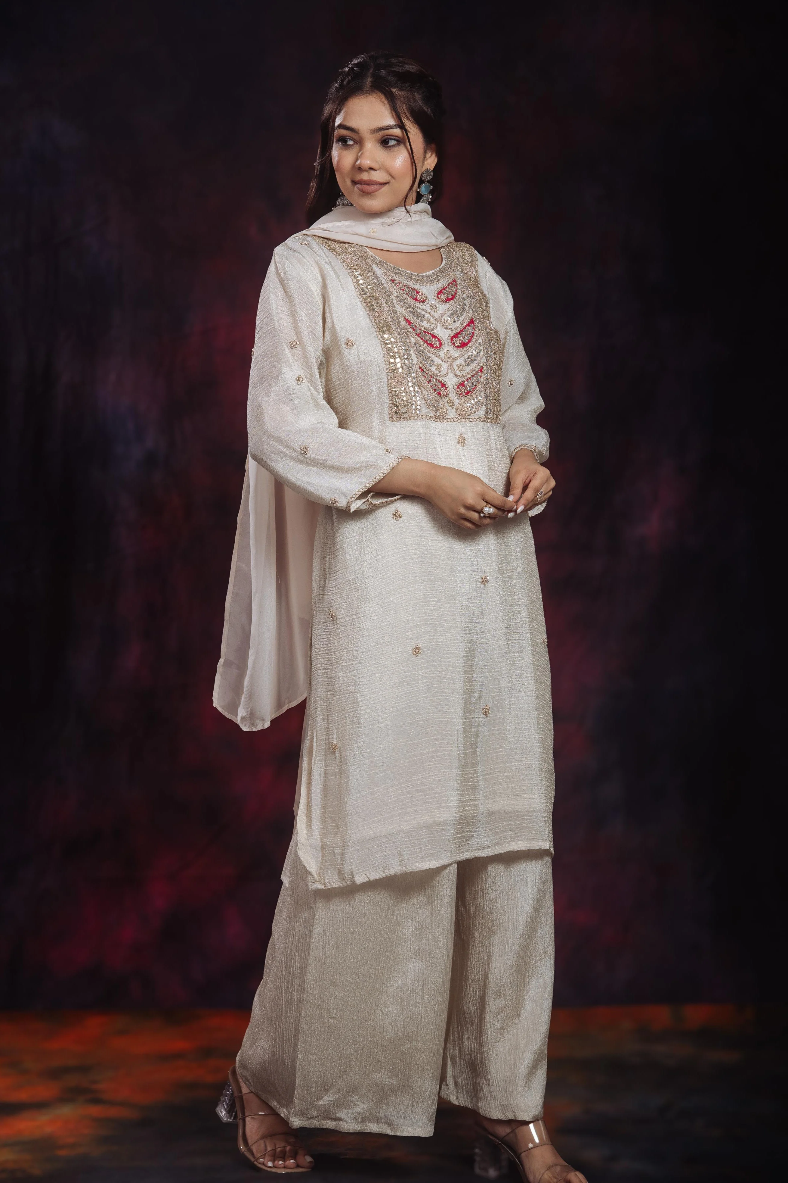 Golden Ivory Embroidered Soft Shimmer Silk Palazzo Set - Image 4