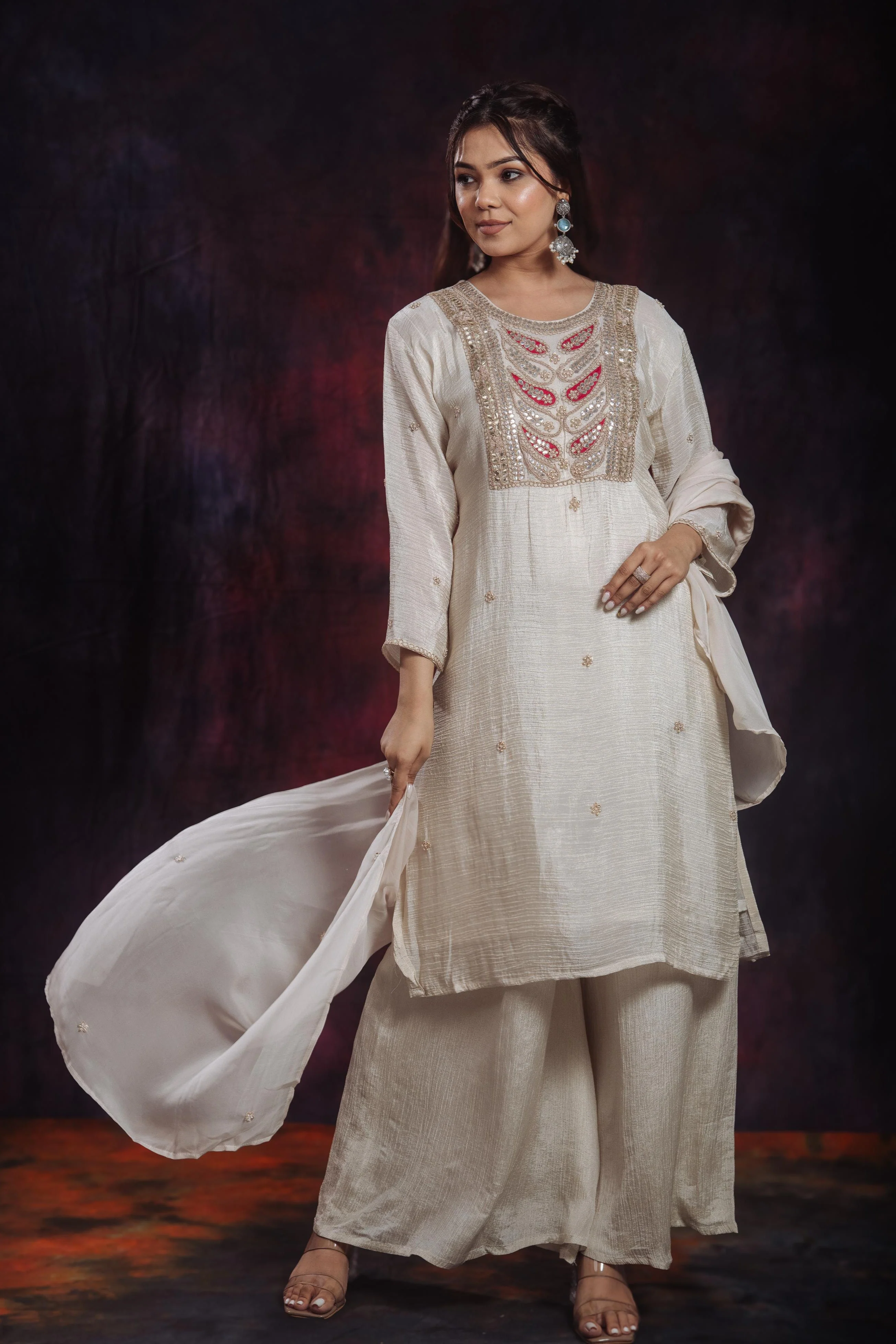 Golden Ivory Embroidered Soft Shimmer Silk Palazzo Set - Image 5