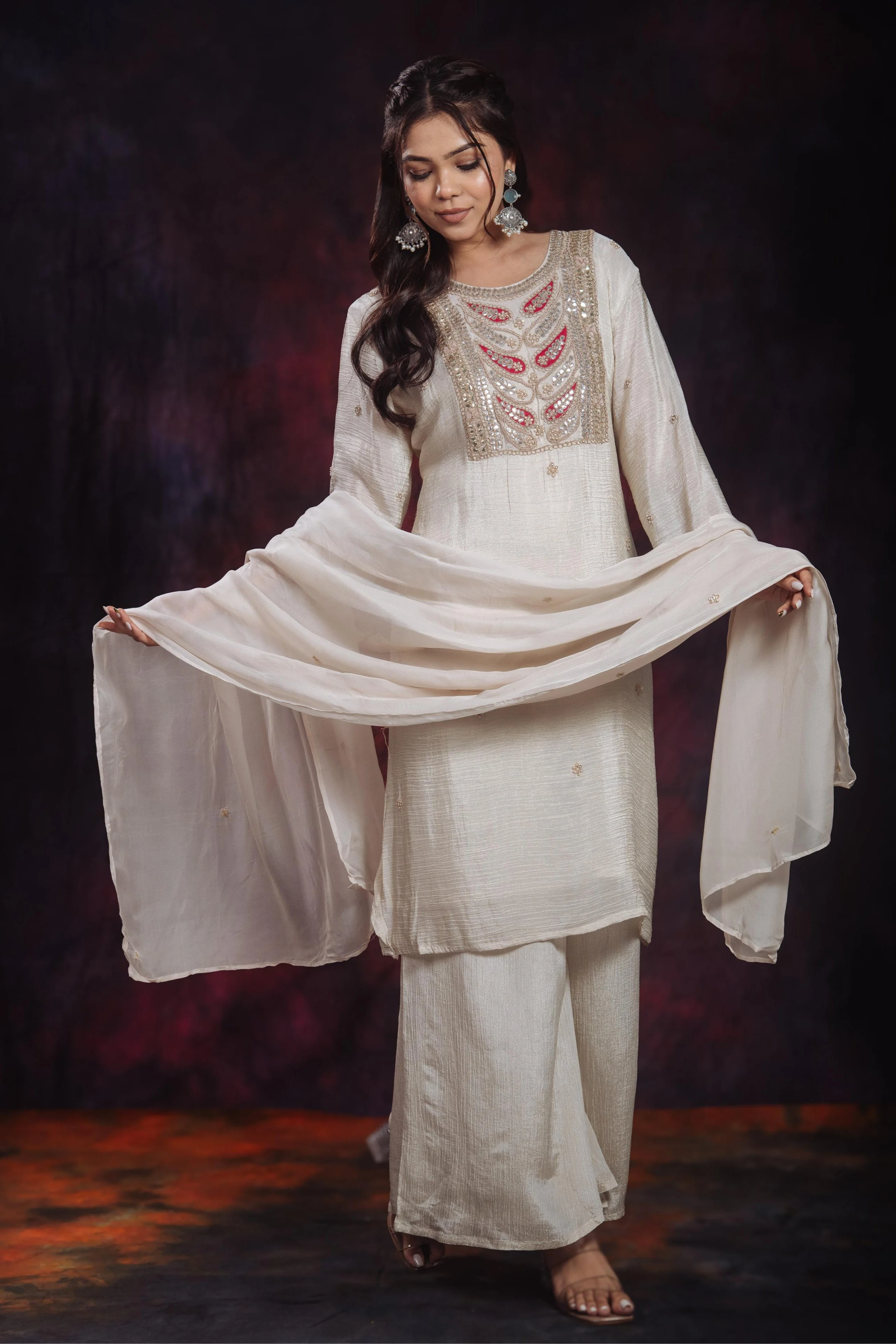Golden Ivory Embroidered Soft Shimmer Silk Palazzo Set - Image 6