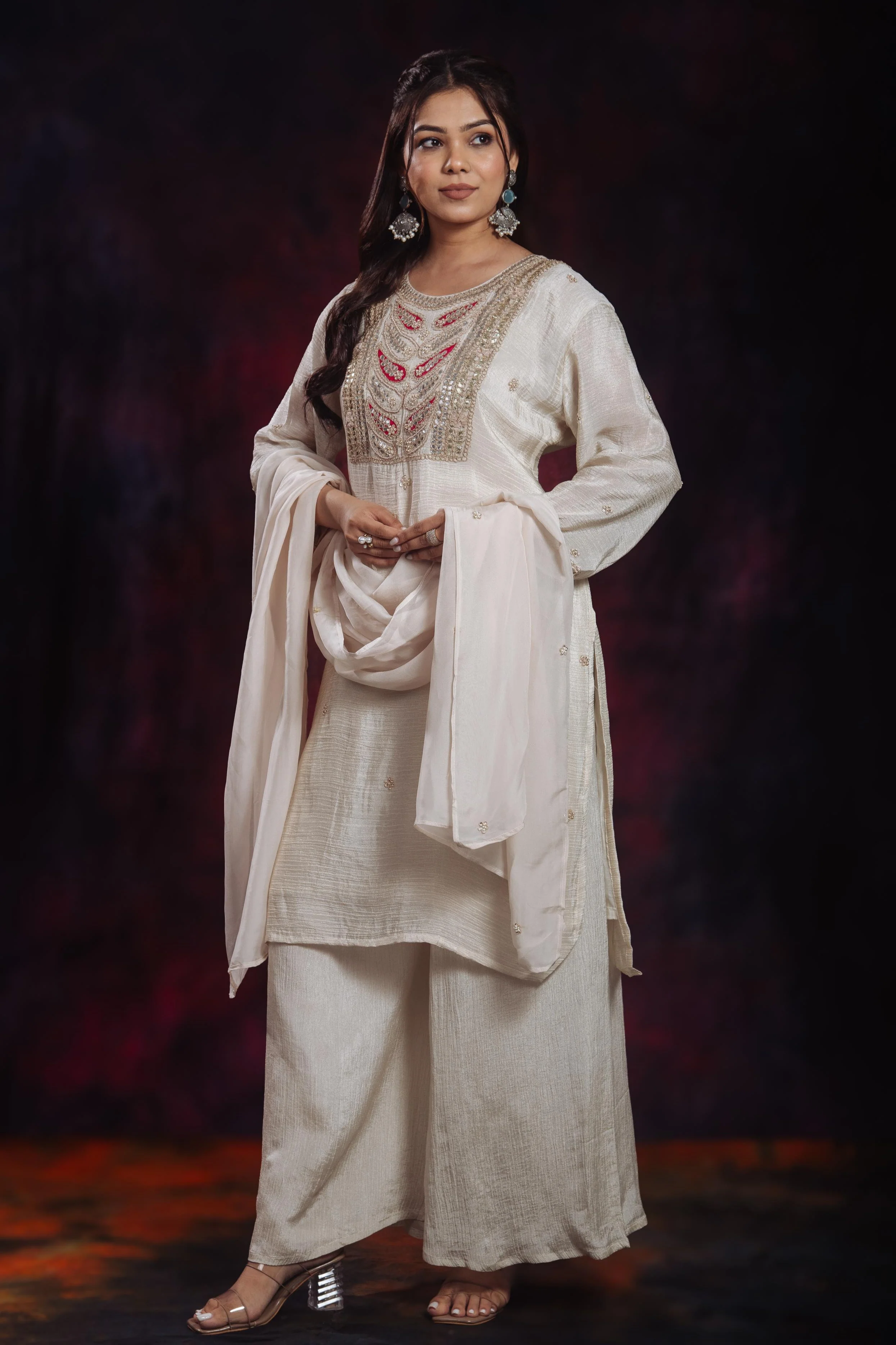Golden Ivory Embroidered Soft Shimmer Silk Palazzo Set - Image 7