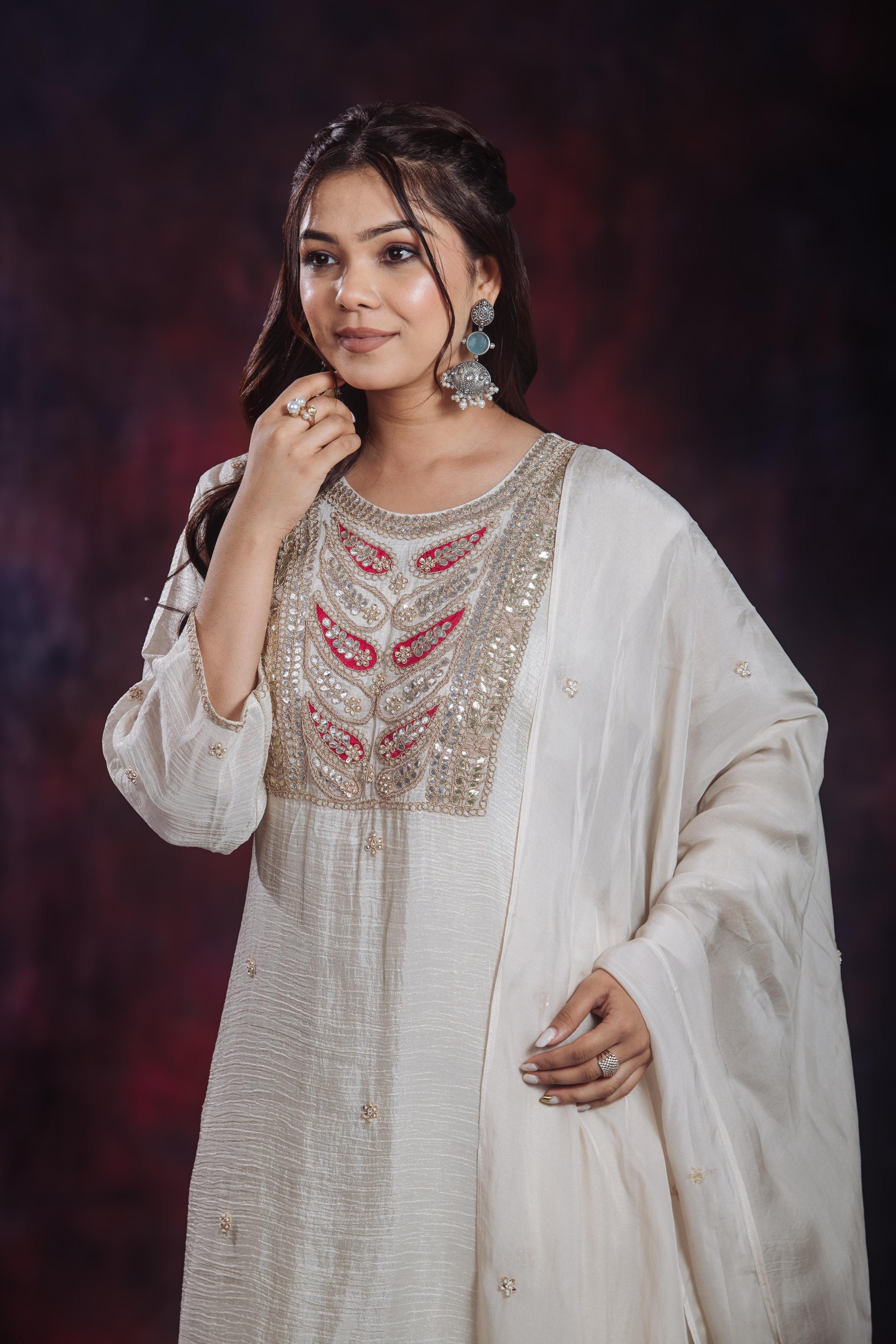 Golden Ivory Embroidered Soft Shimmer Silk Palazzo Set - Image 8