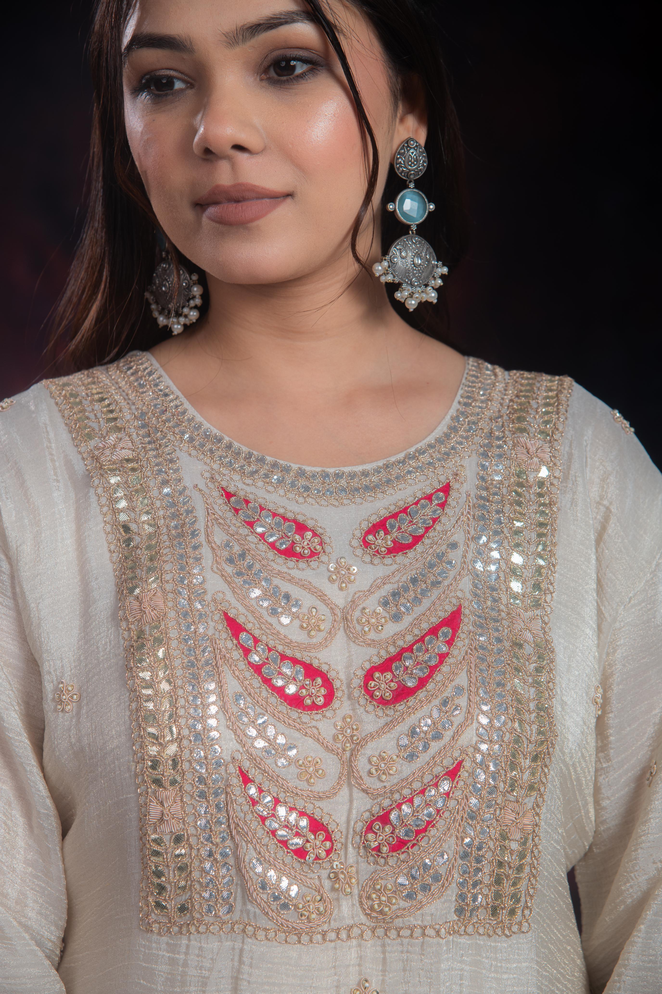 Golden Ivory Embroidered Soft Shimmer Silk Palazzo Set - Image 9