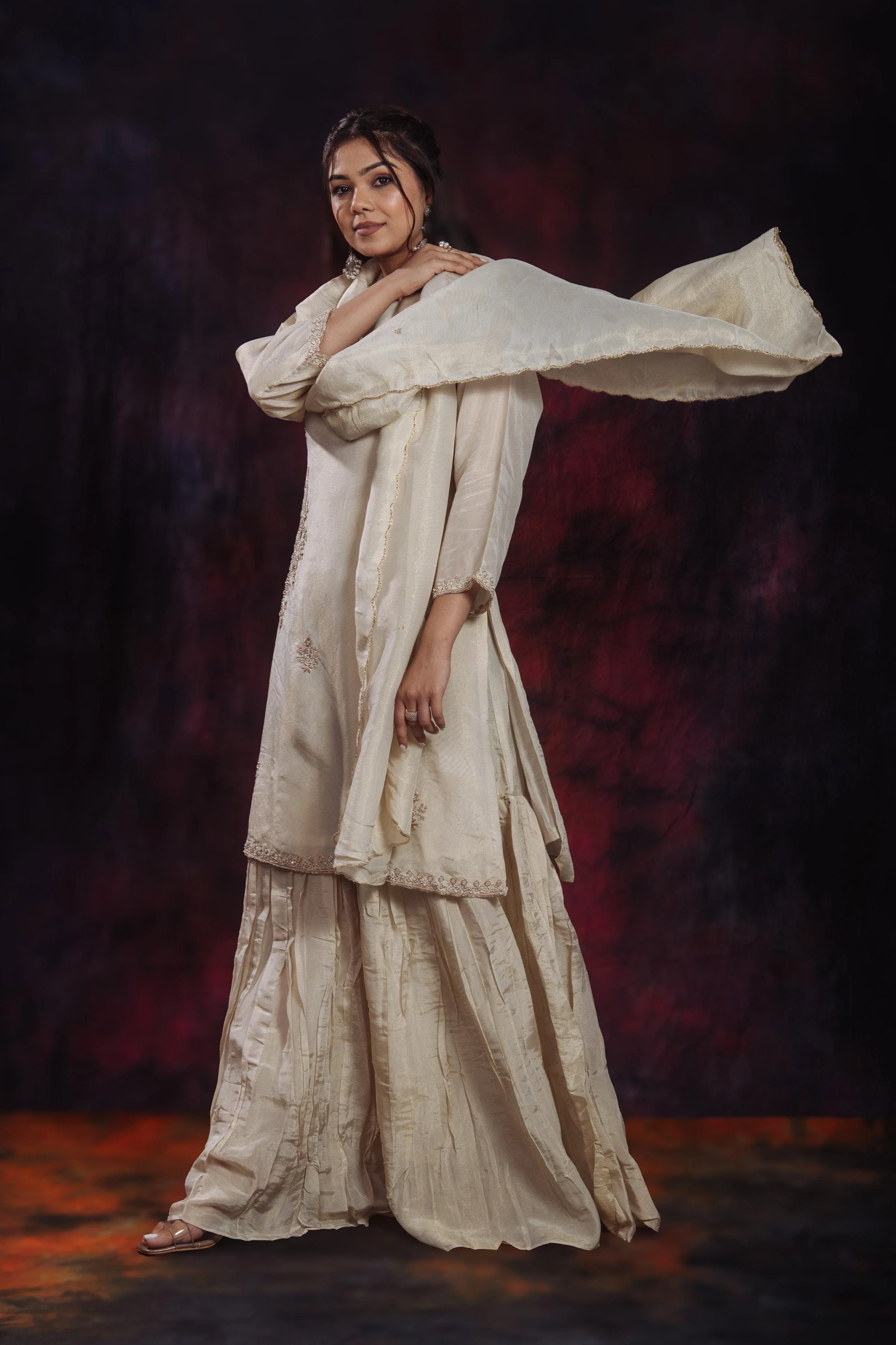 Golden Ivory Shimmer Silk Sharara Set - Image 2