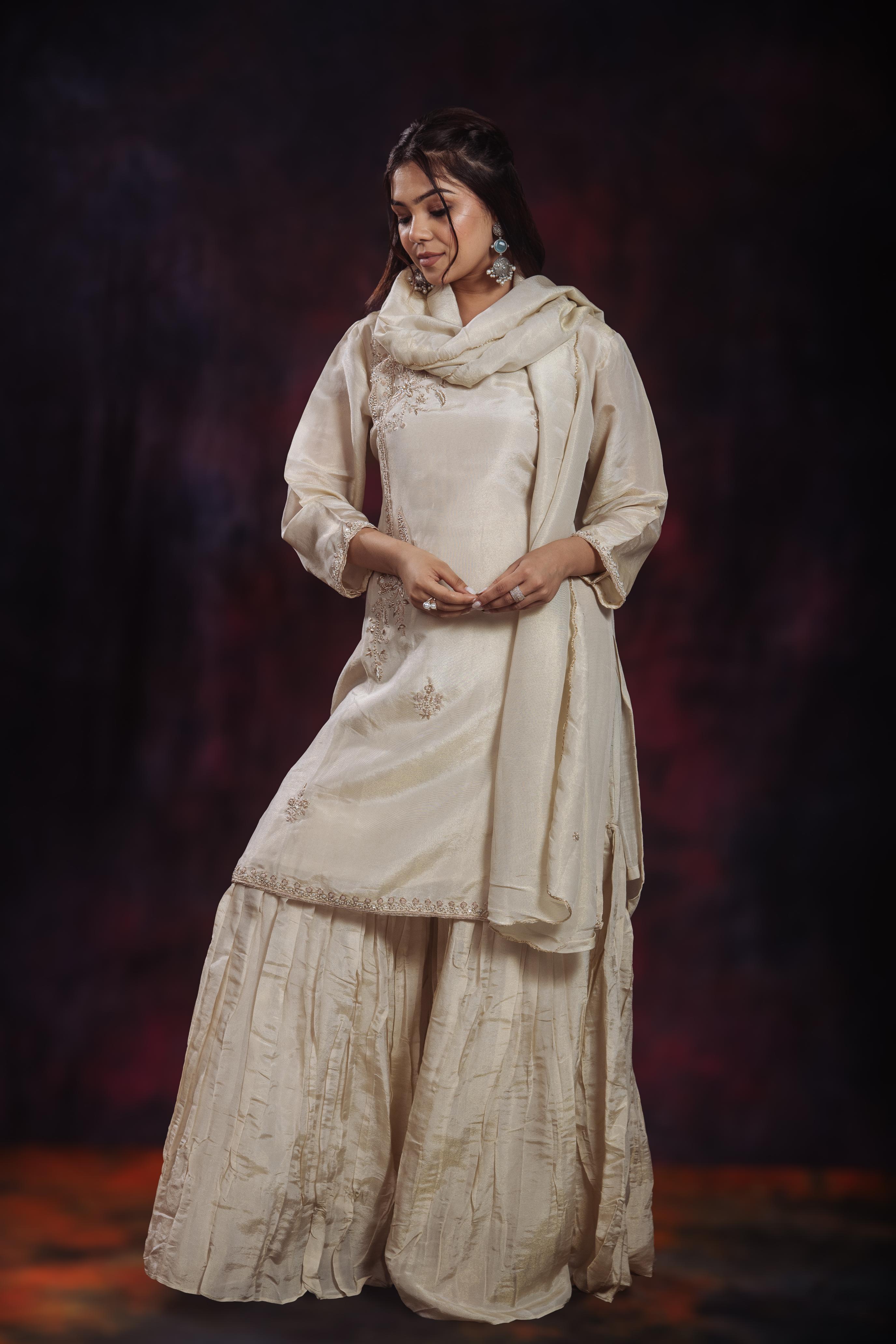 Golden Ivory Shimmer Silk Sharara Set - Image 3