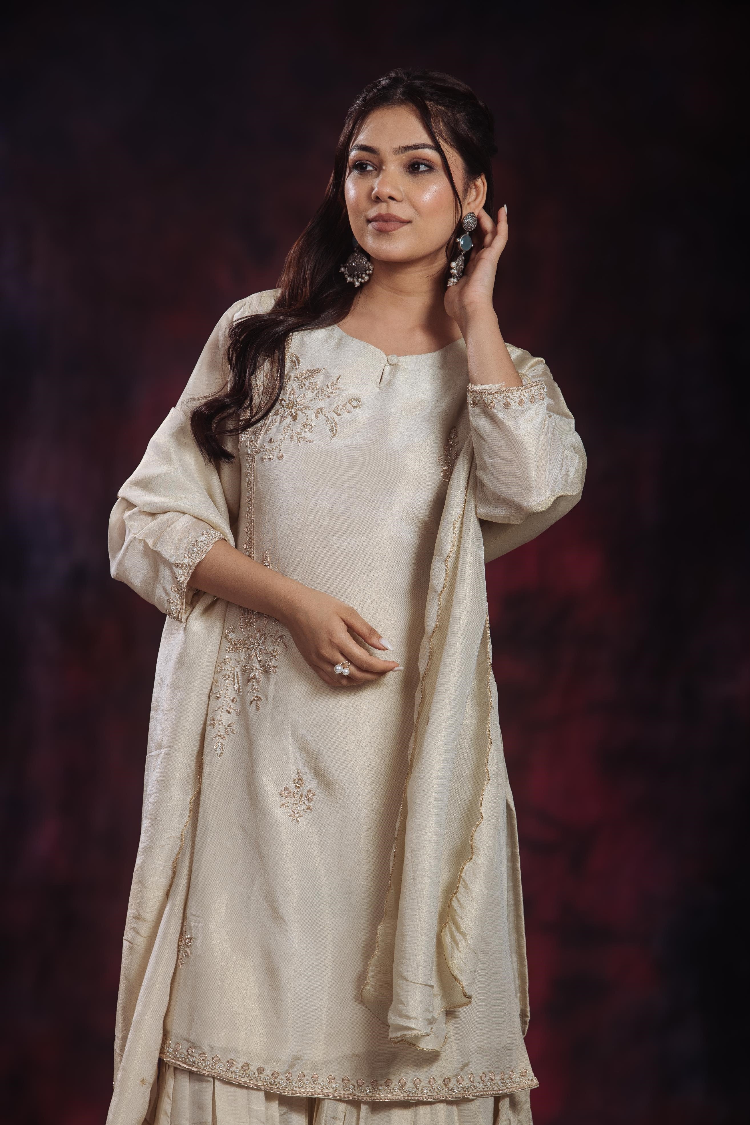 Golden Ivory Shimmer Silk Sharara Set - Image 4