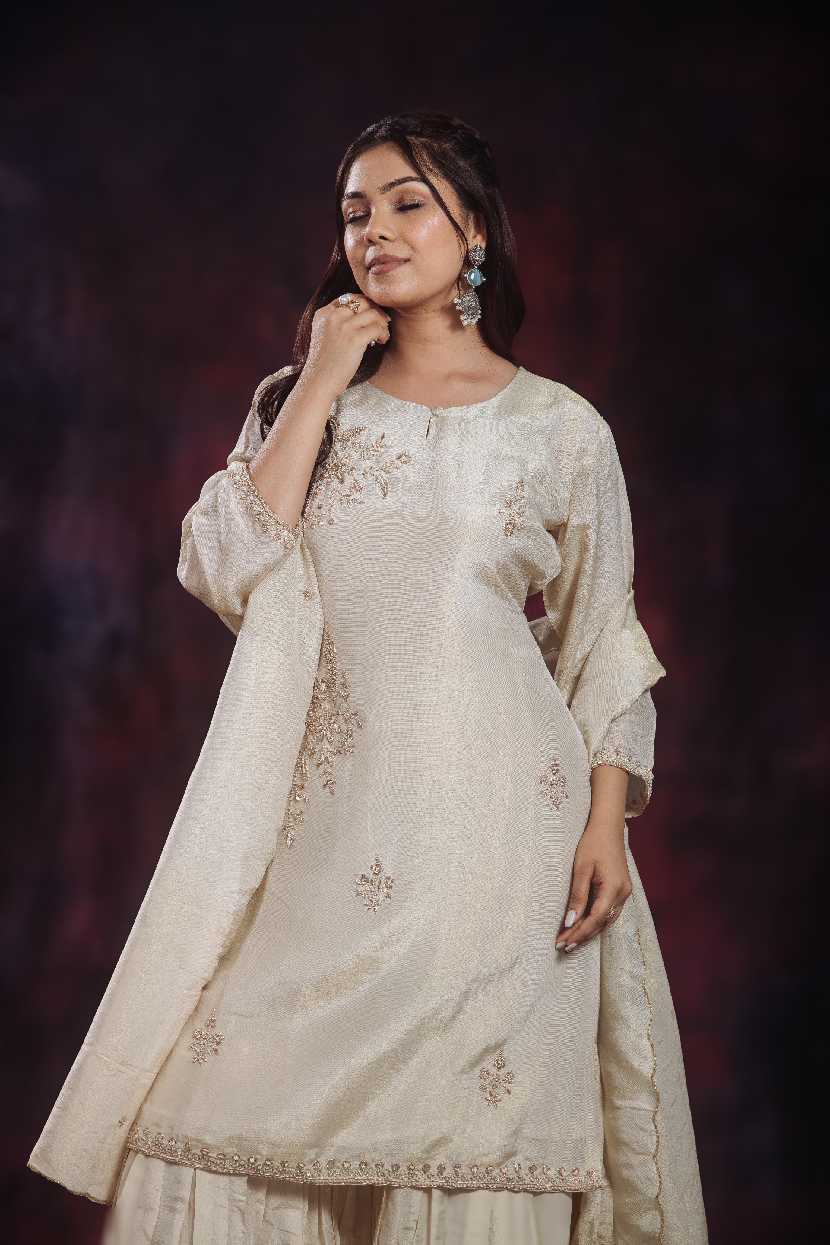 Golden Ivory Shimmer Silk Sharara Set - Image 5